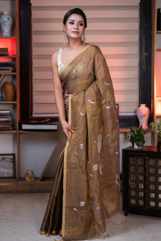 Copper dual tone Pure Tissue Linen Tulip handwoven Saree with blouse piece