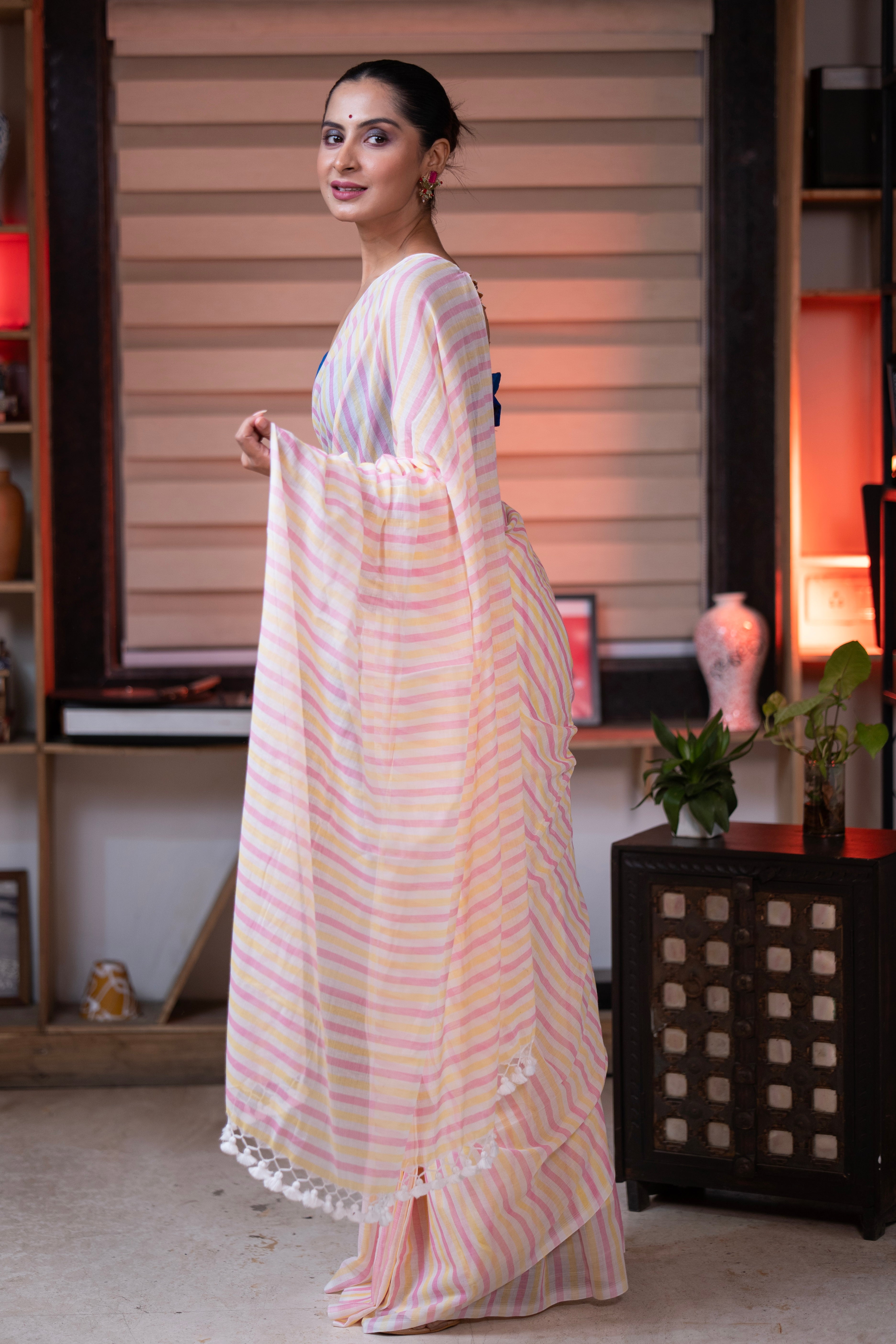 Yellow & Pink Multicolour Stripes Mul Mul Cotton Saree with Blouse piece