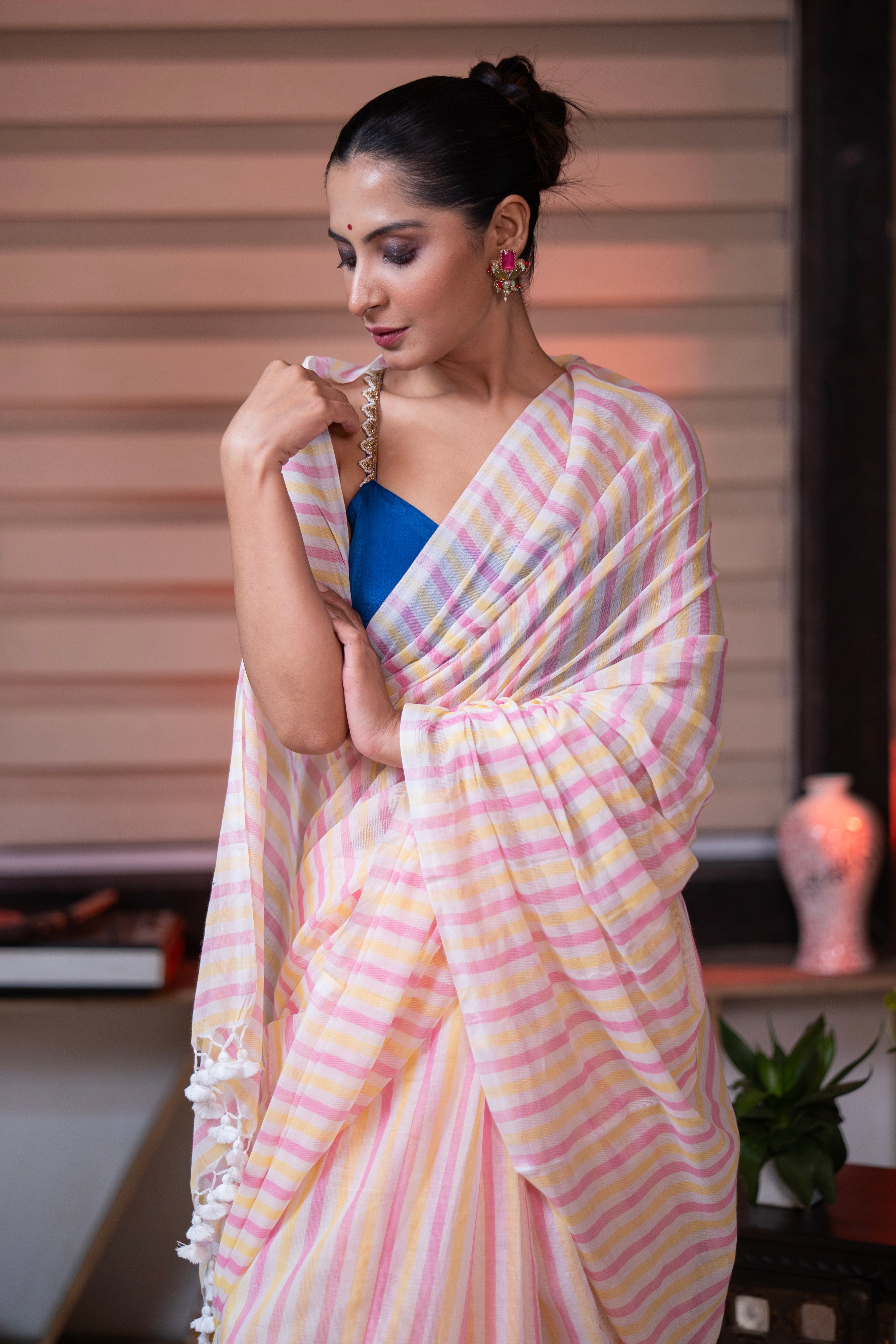 Yellow & Pink Multicolour Stripes Mul Mul Cotton Saree with Blouse piece