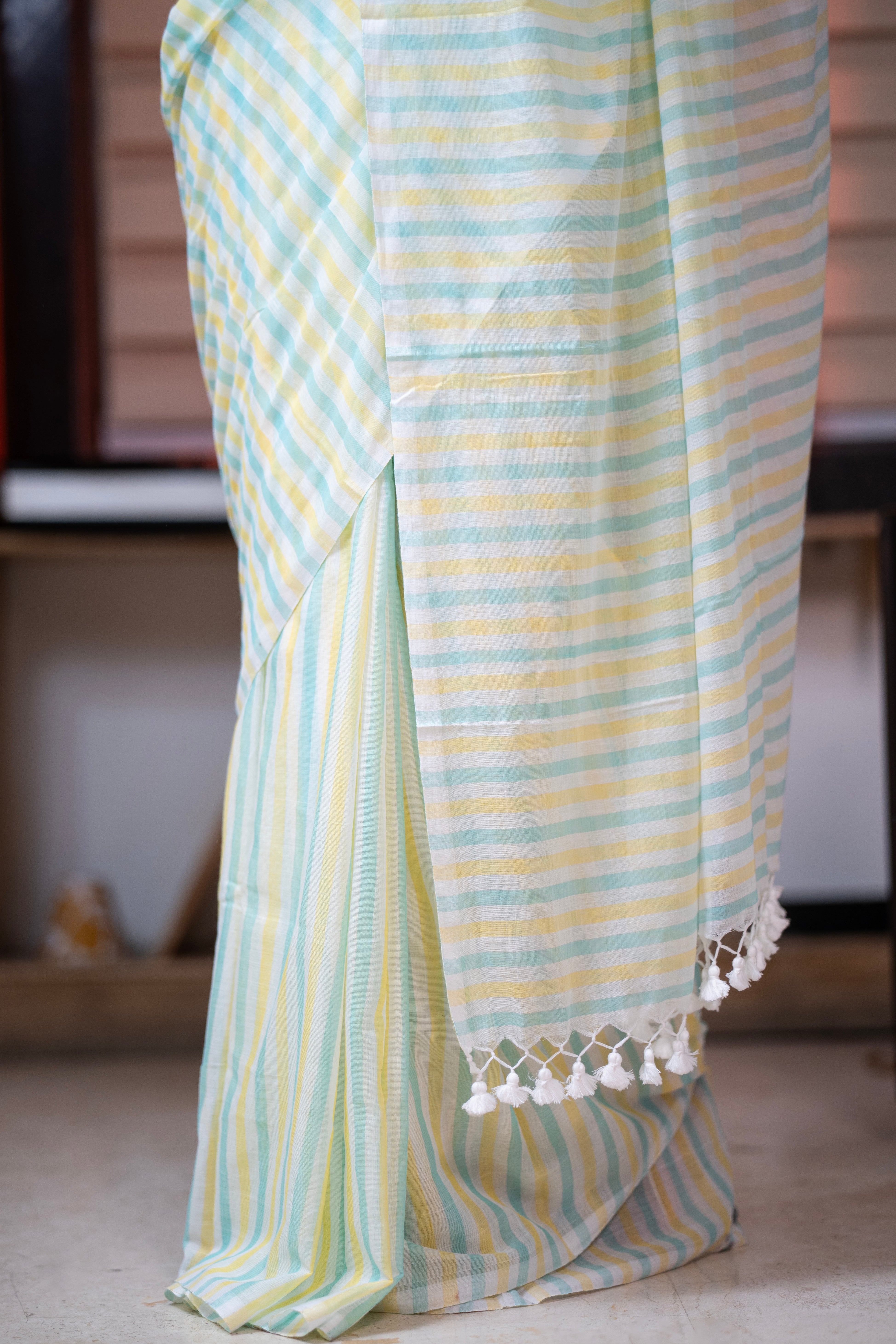 Yellow & Blue Multicolour Stripes Mul Mul Cotton  Saree with Blouse piece