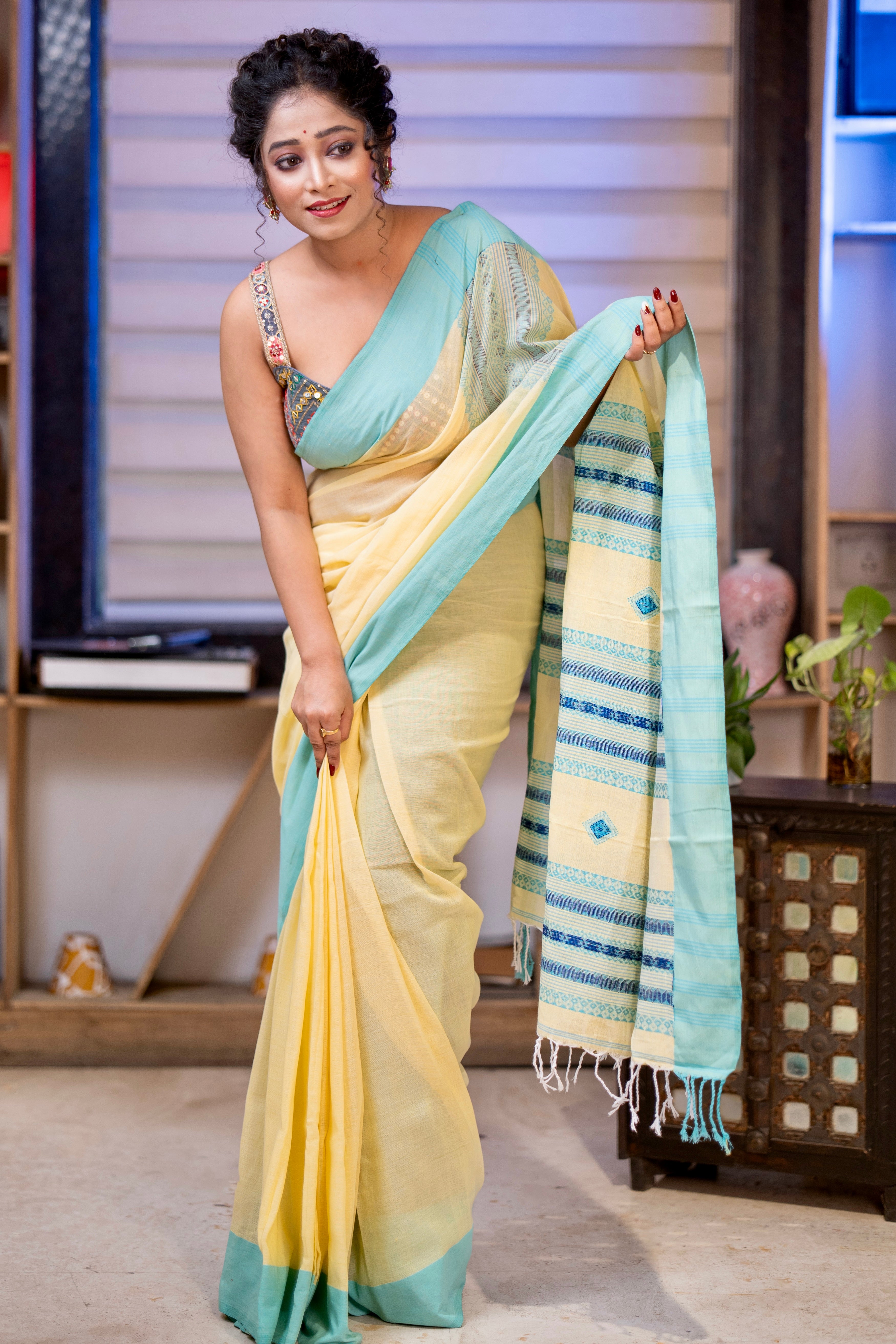 Premium Assam Khadi Cotton Handwoven Saree- Yellow