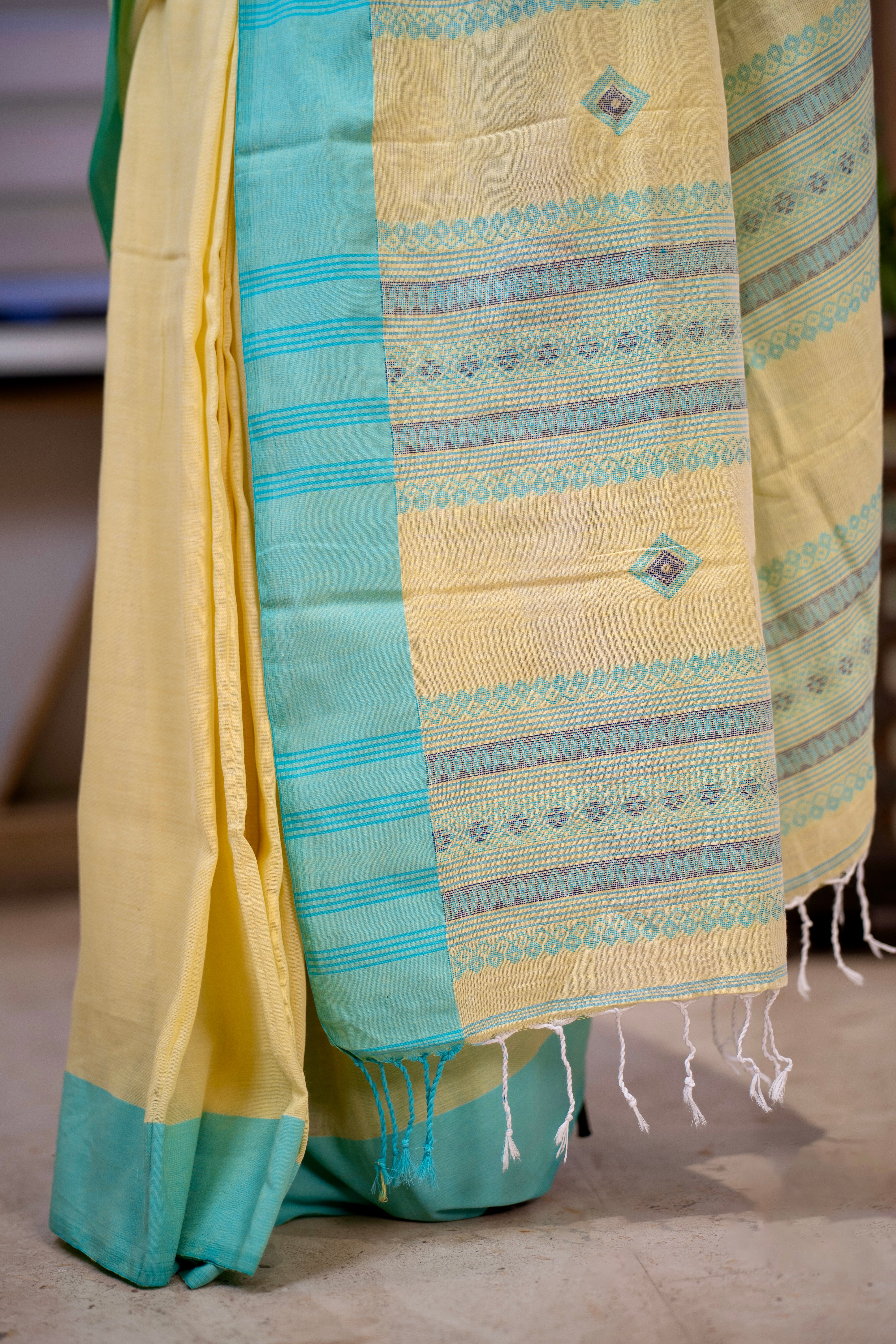 Premium Assam Khadi Cotton Handwoven Saree- Yellow