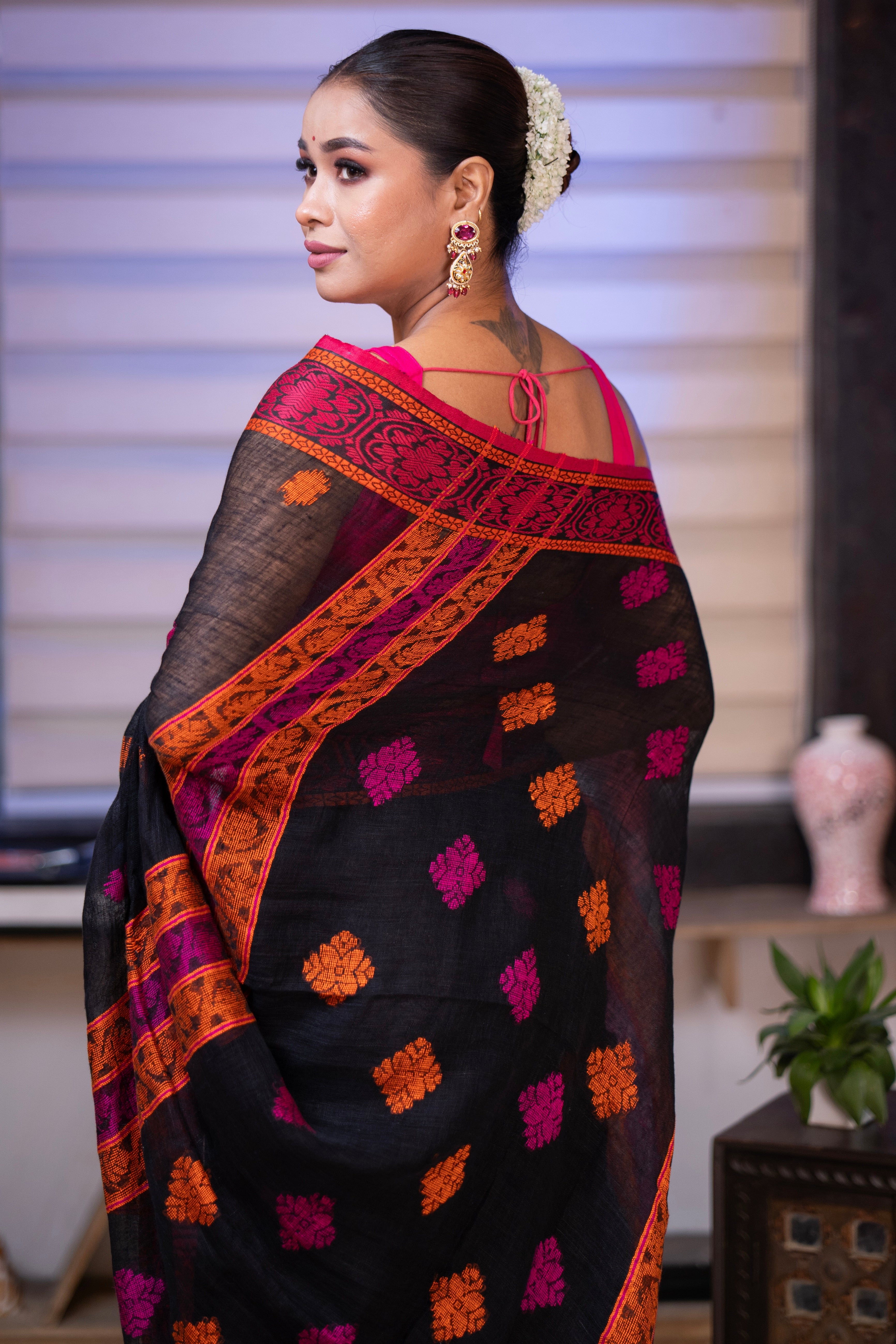 Black & Orange Linen Hand Woven Jamdani Saree
