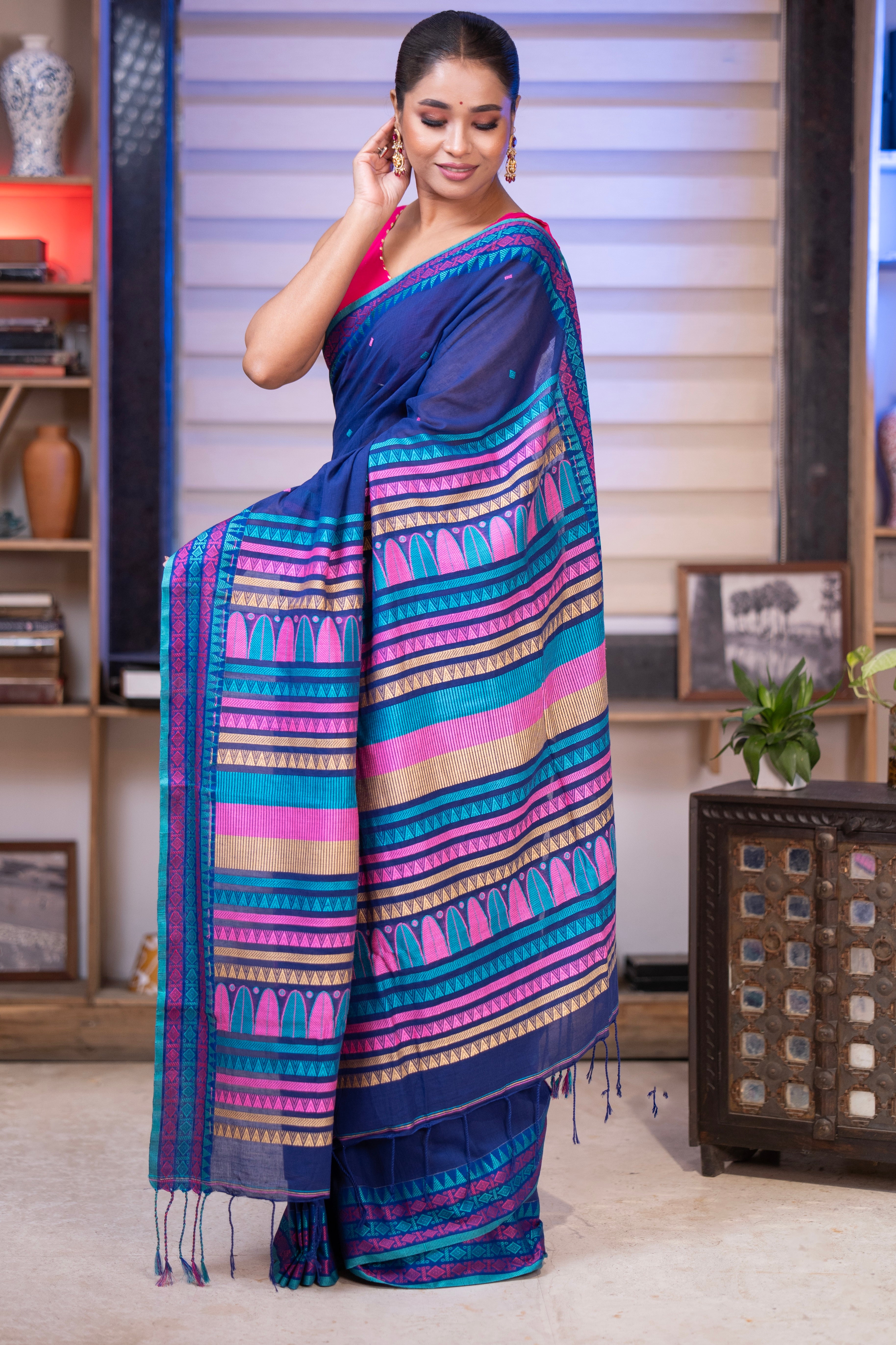 Pure Masrise Cotton Handwoven Saree-Royal Blue
