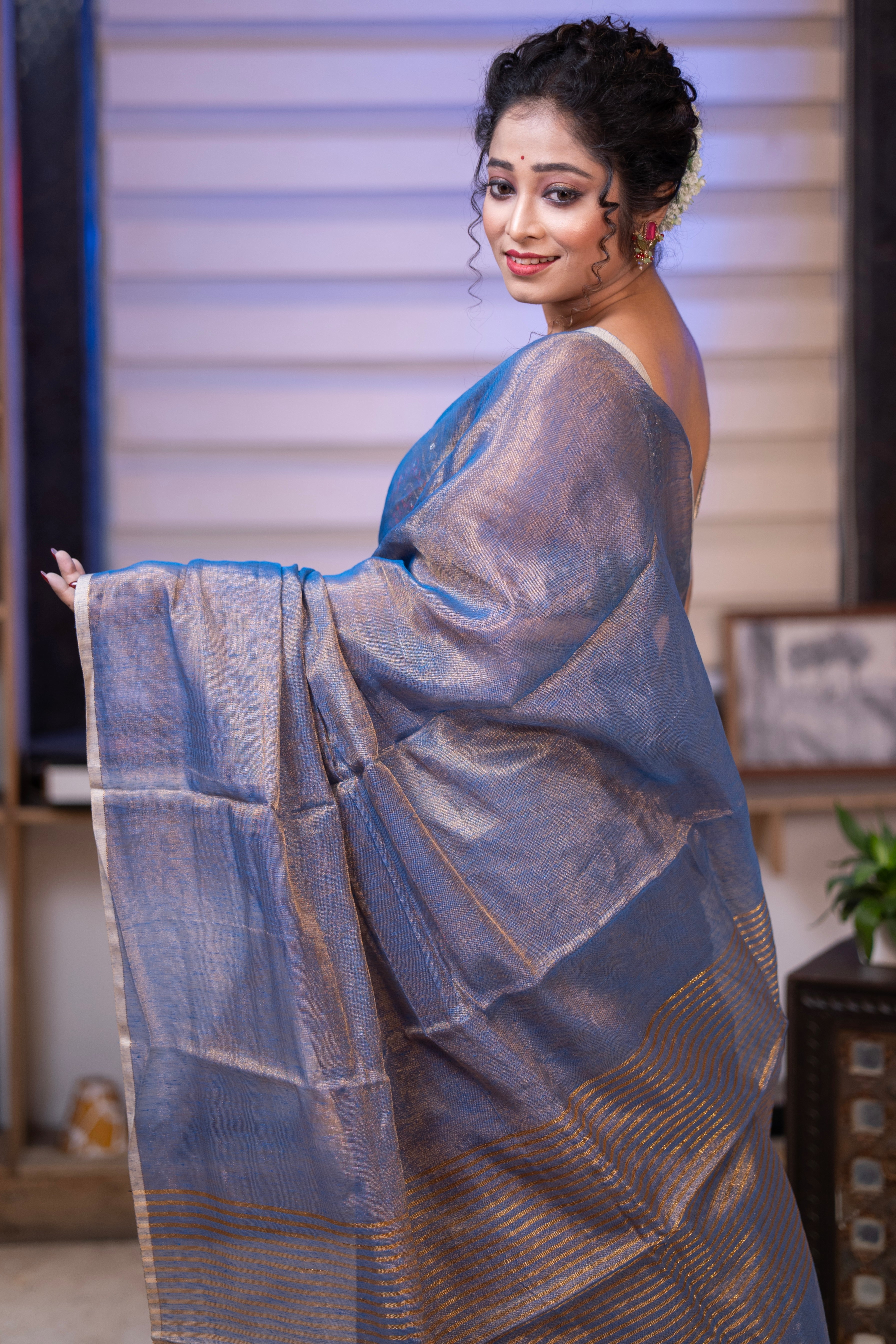 Silver Blue Dual Tone Tissue Saree