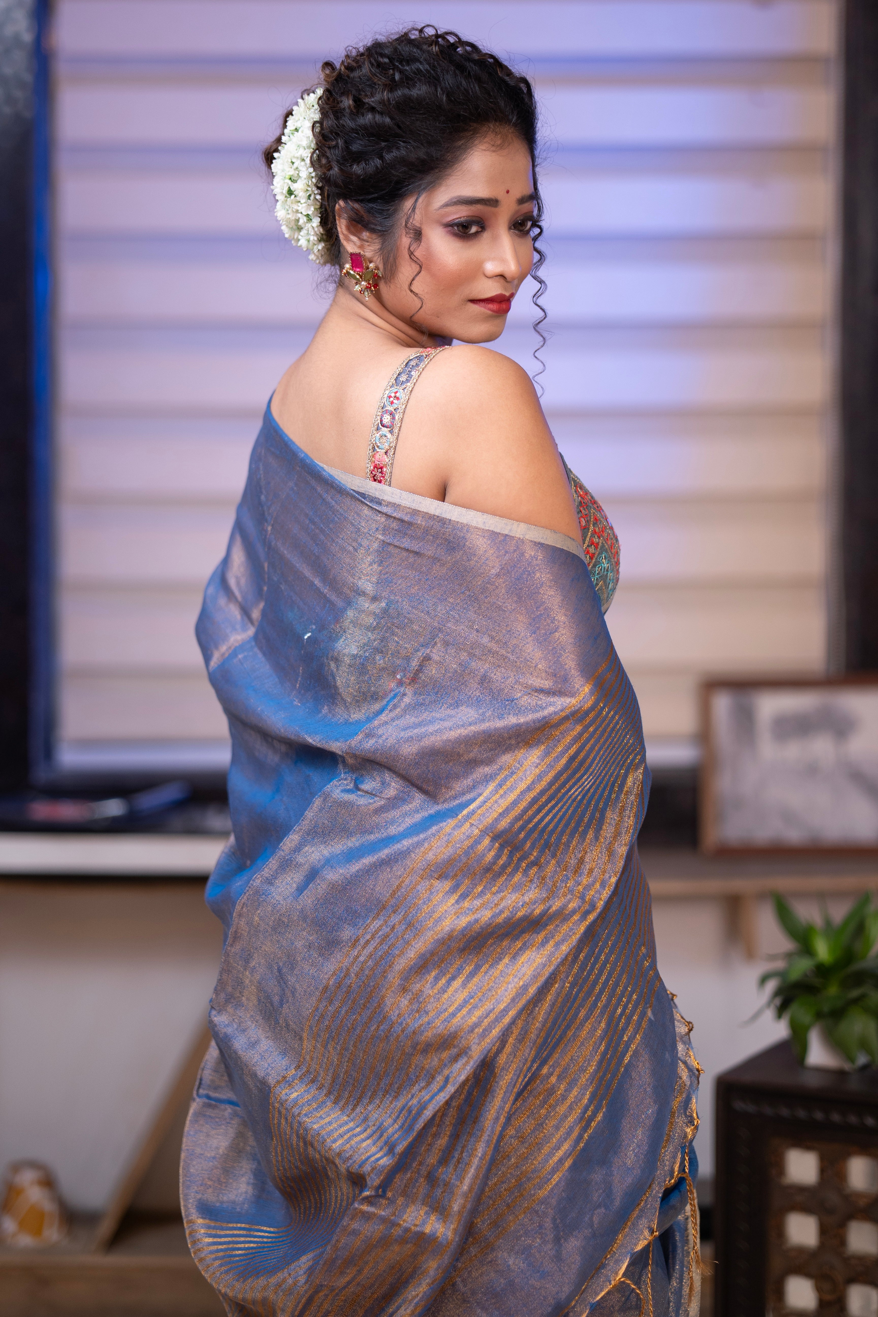 Silver Blue Dual Tone Tissue Saree