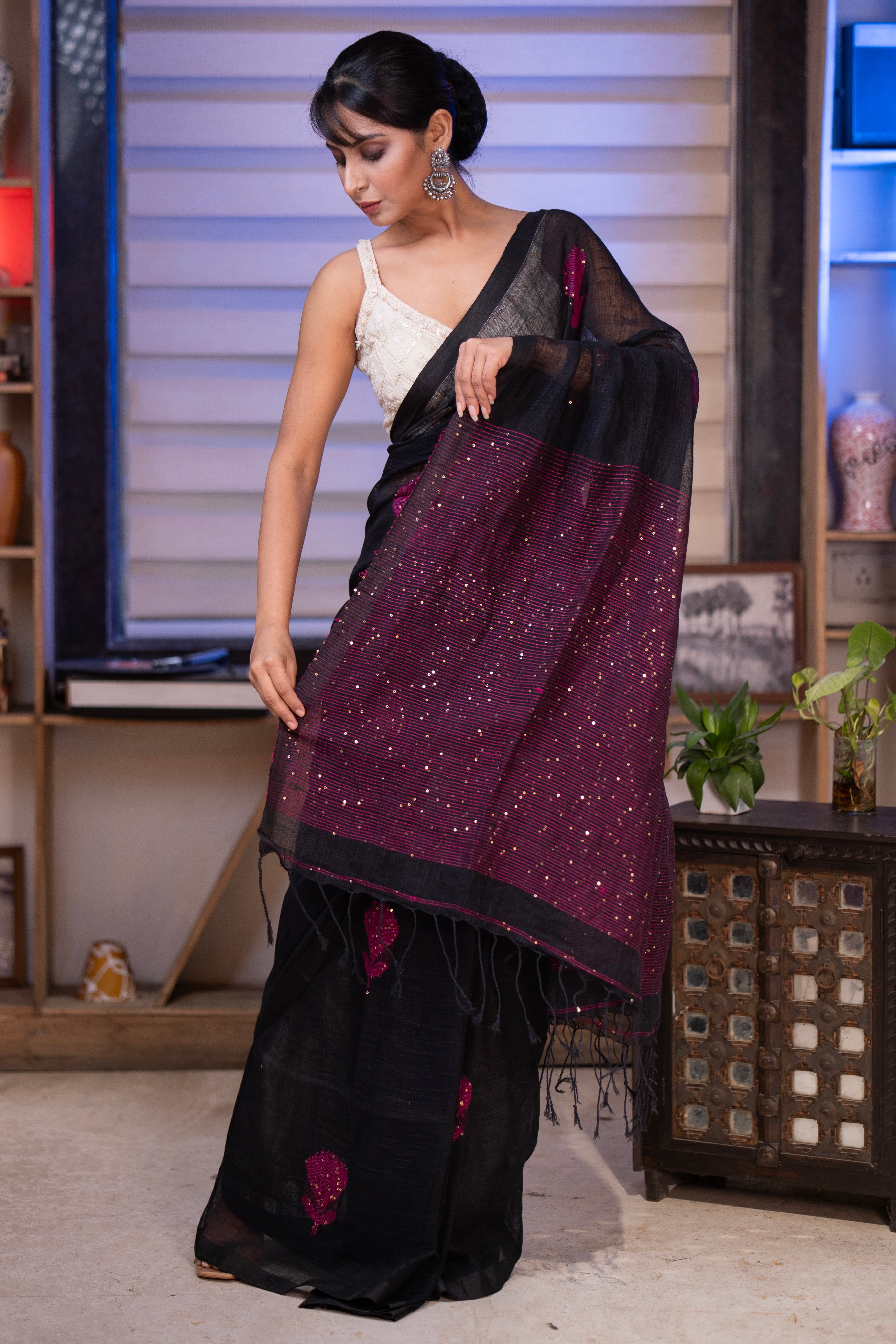 Black Rose Handwoven Linen Saree with Sequence Work