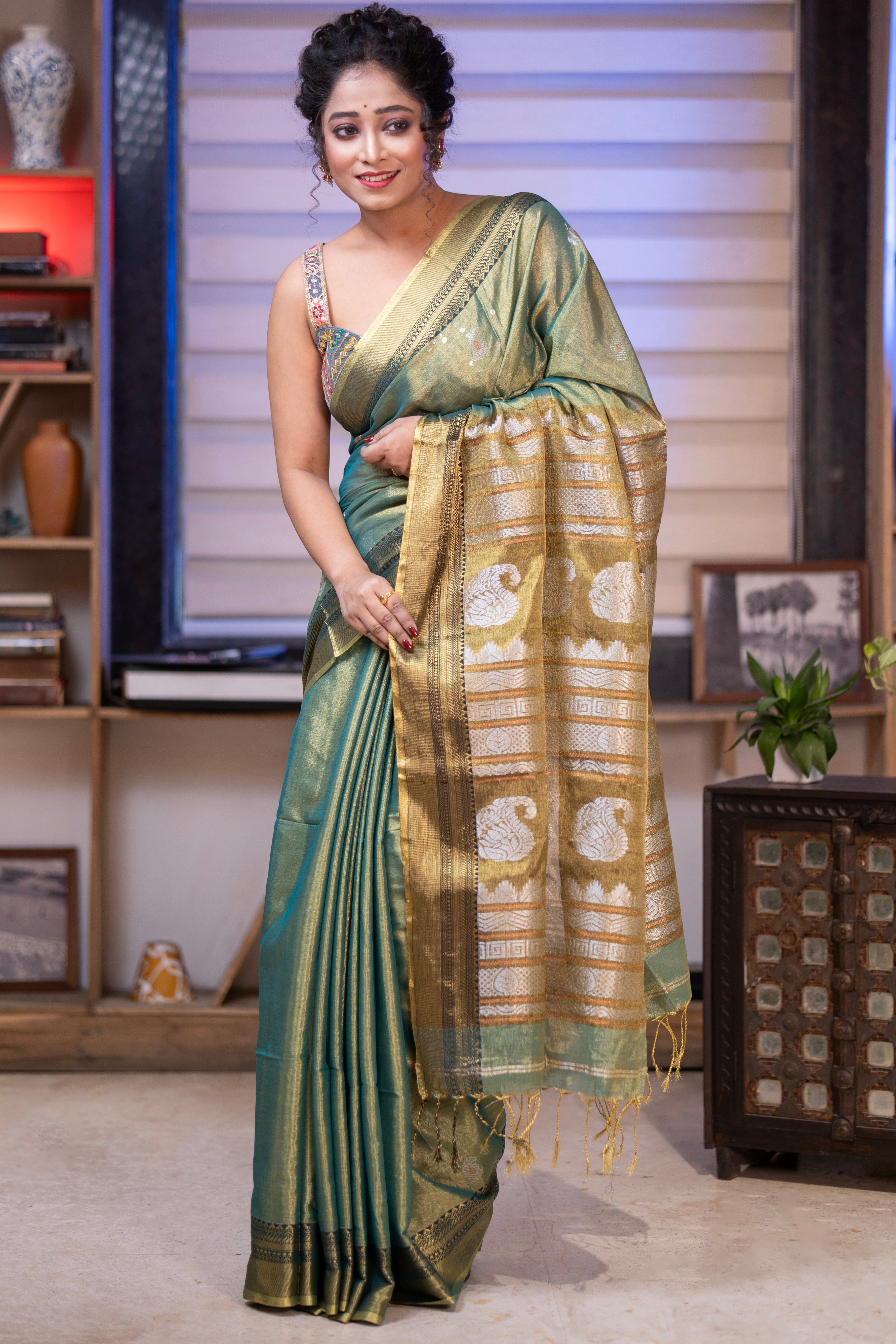 Olive Green Pure Tissue Linen Woven Jamdani Saree