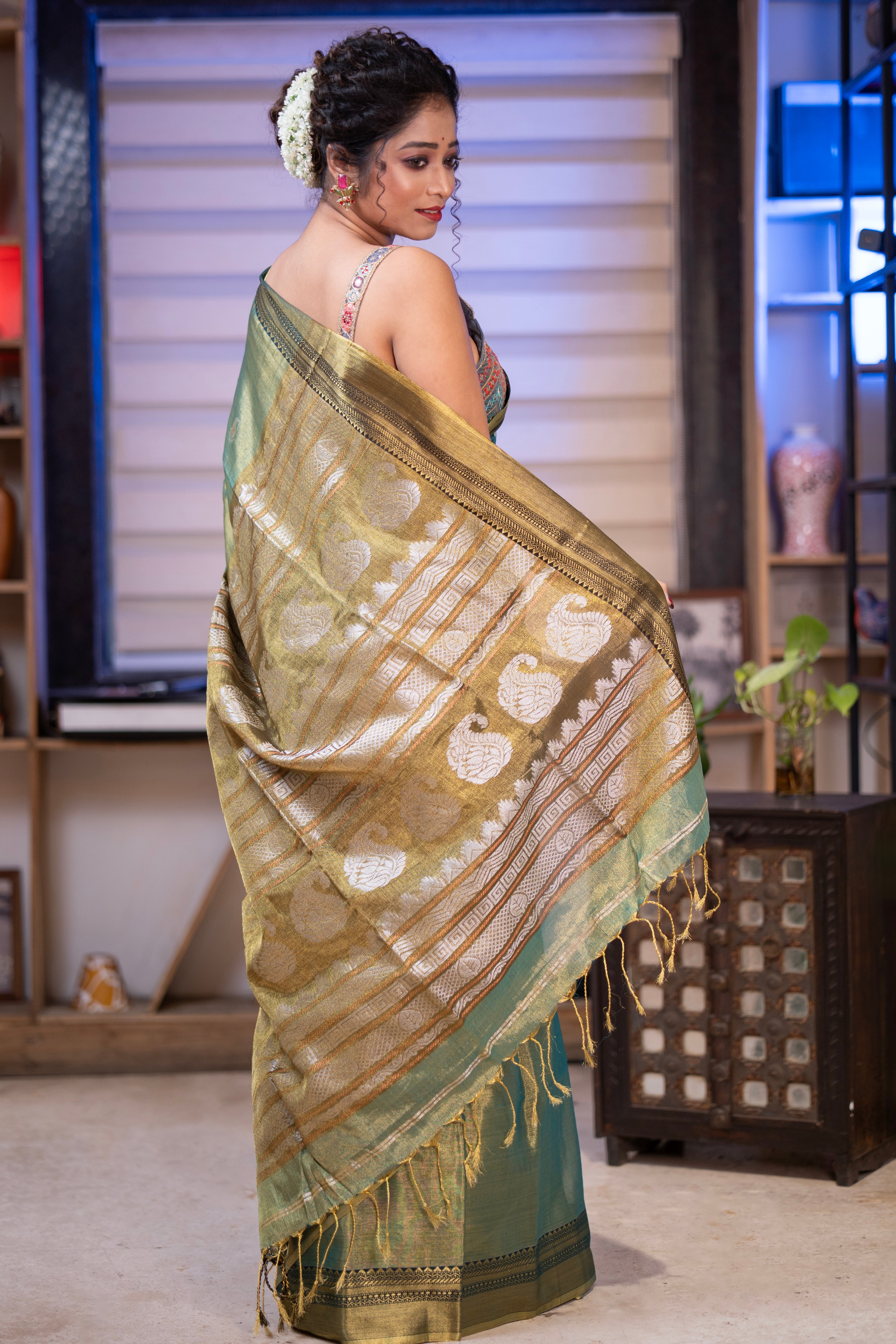 Olive Green Pure Tissue Linen Woven Jamdani Saree