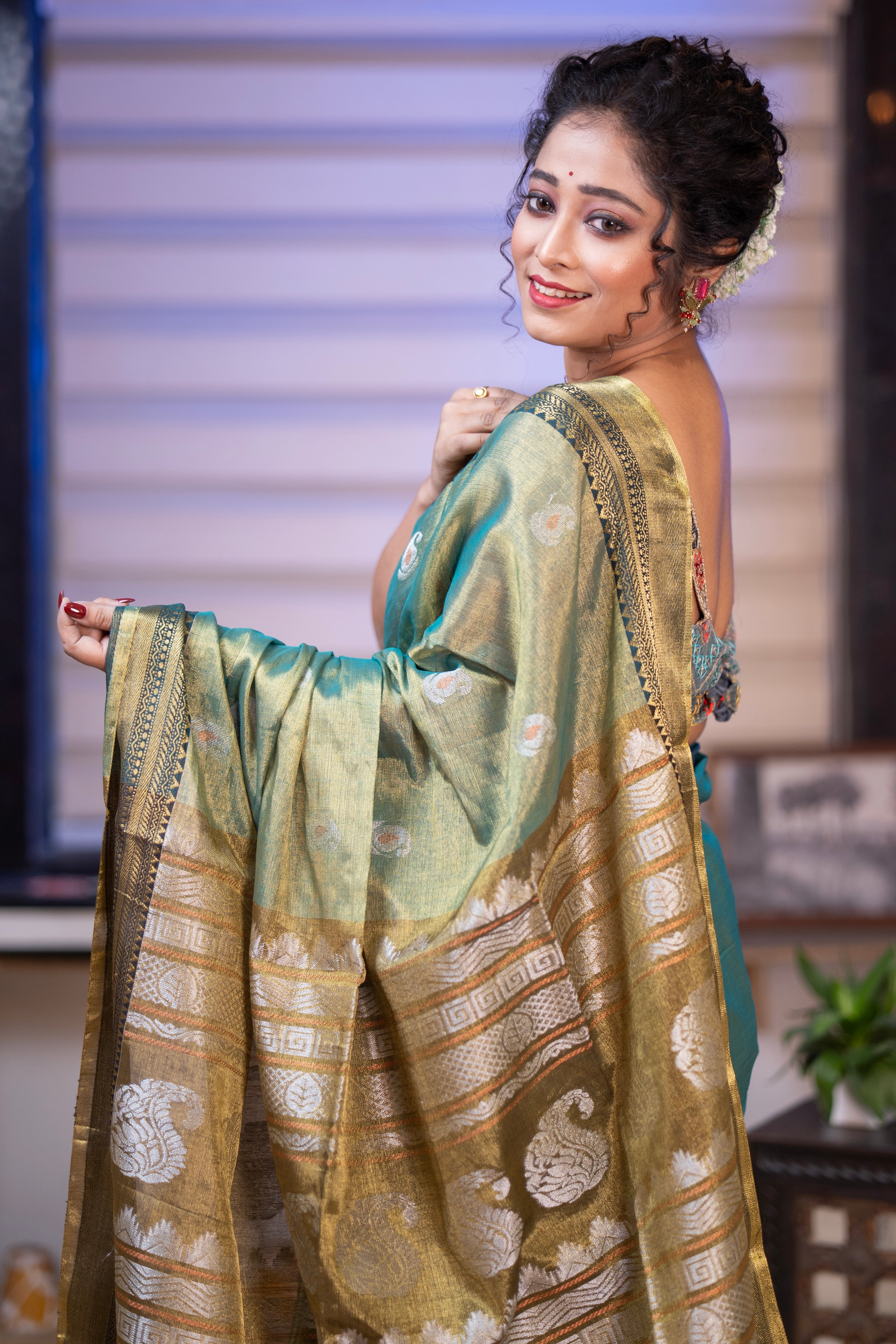 Olive Green Pure Tissue Linen Woven Jamdani Saree