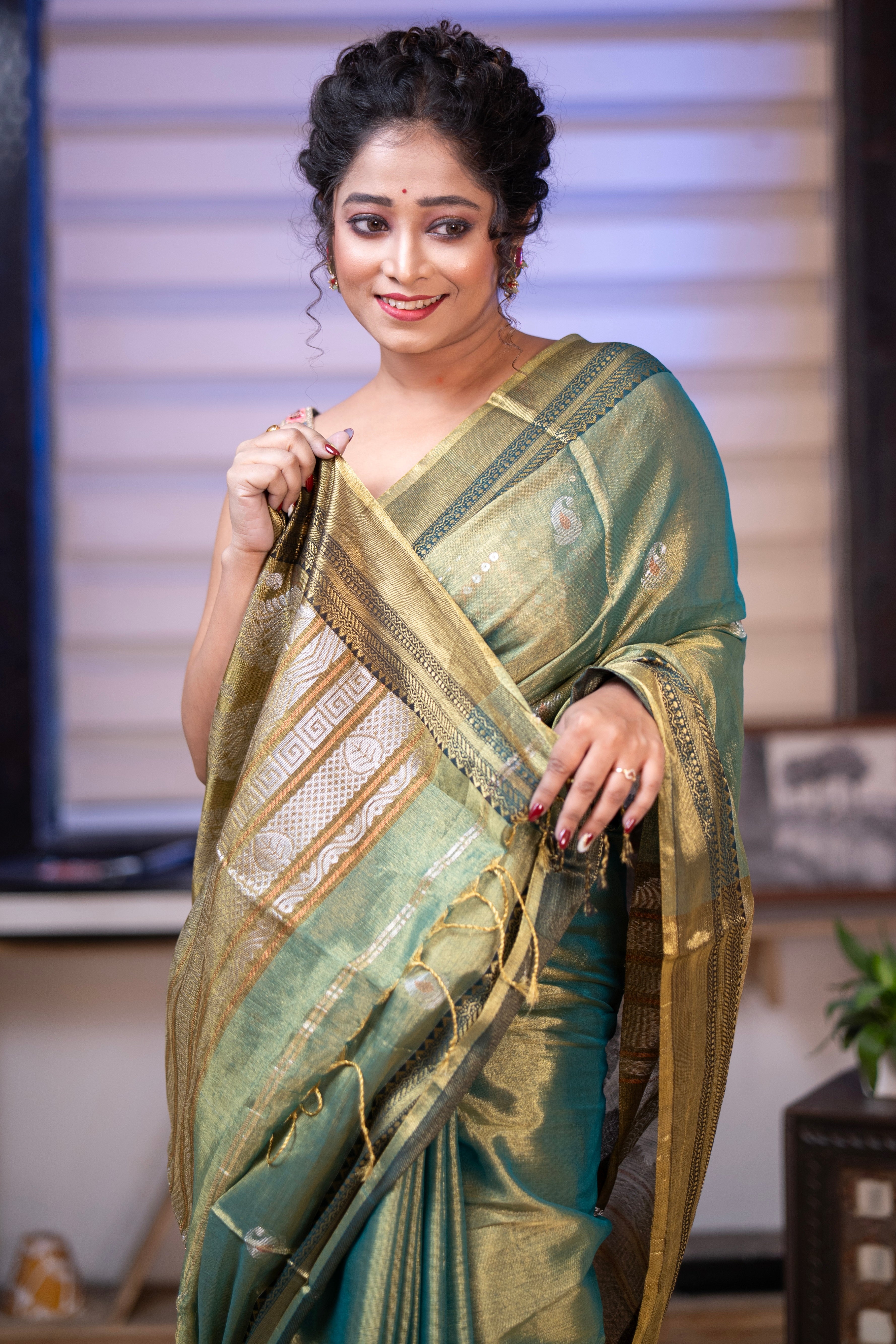 Olive Green Pure Tissue Linen Woven Jamdani Saree