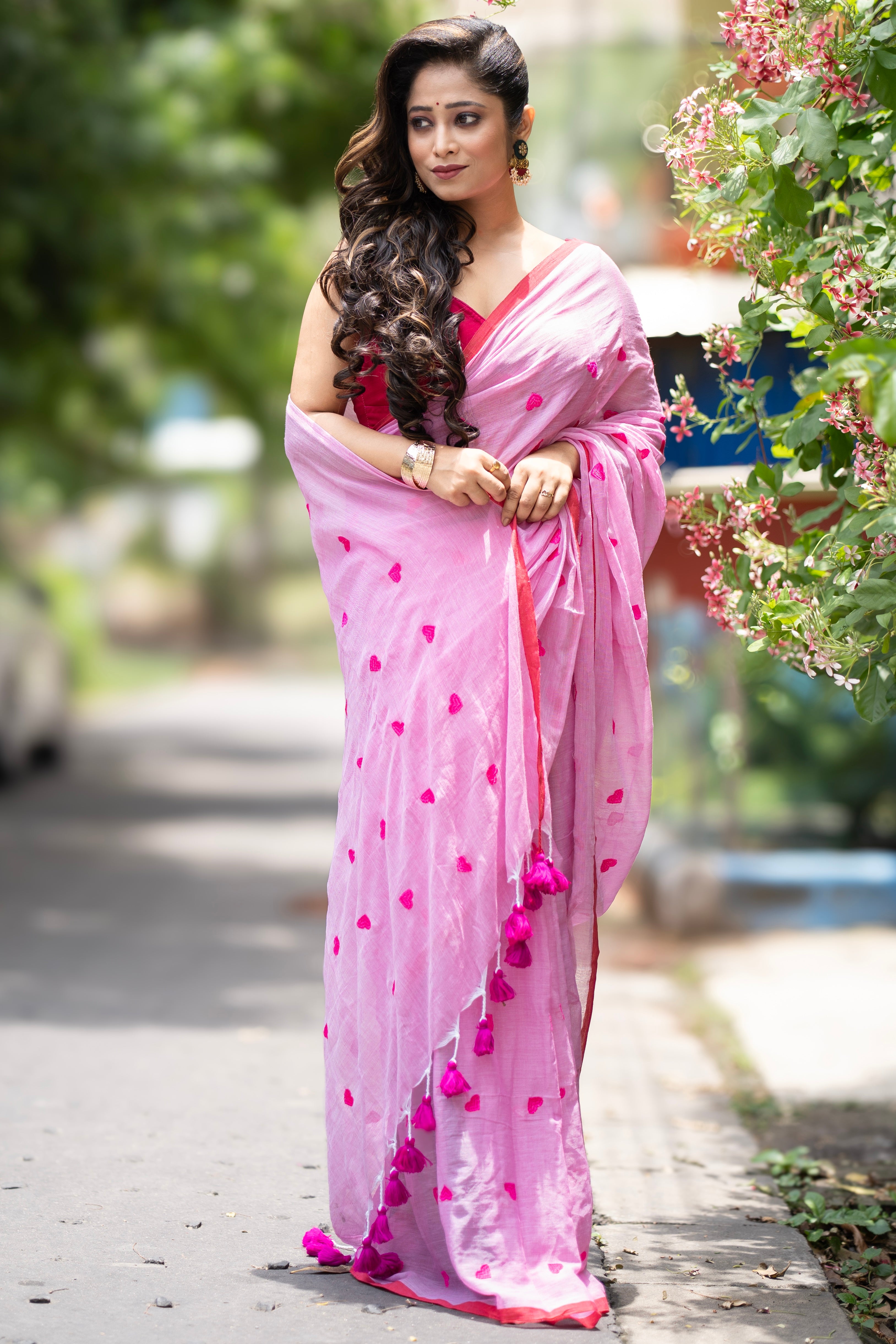 Pink Love embroidery Pure Mulmul Cotton Saree blouse piece