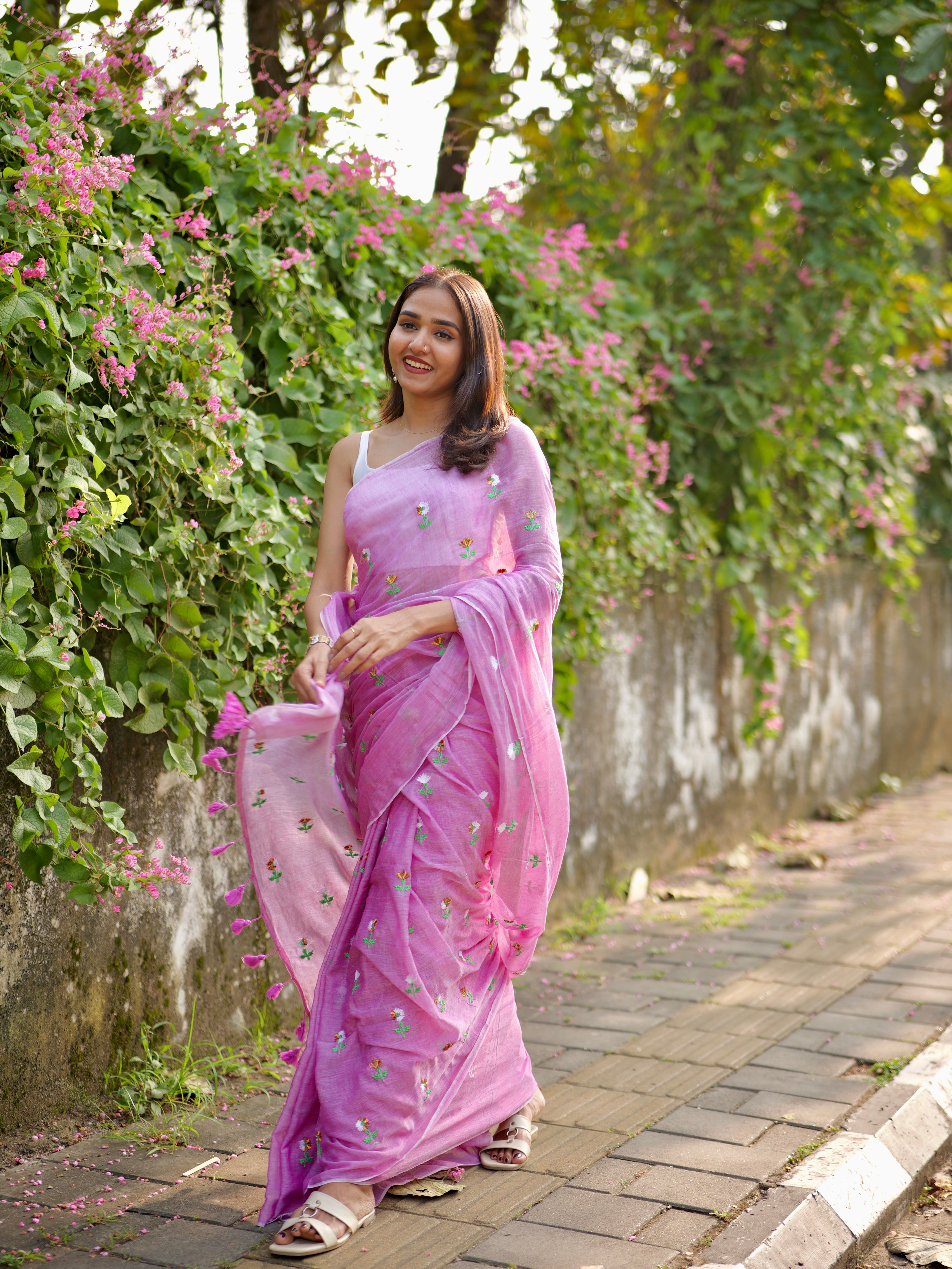 Lavender Embroidered Mul Mul Cotton Saree