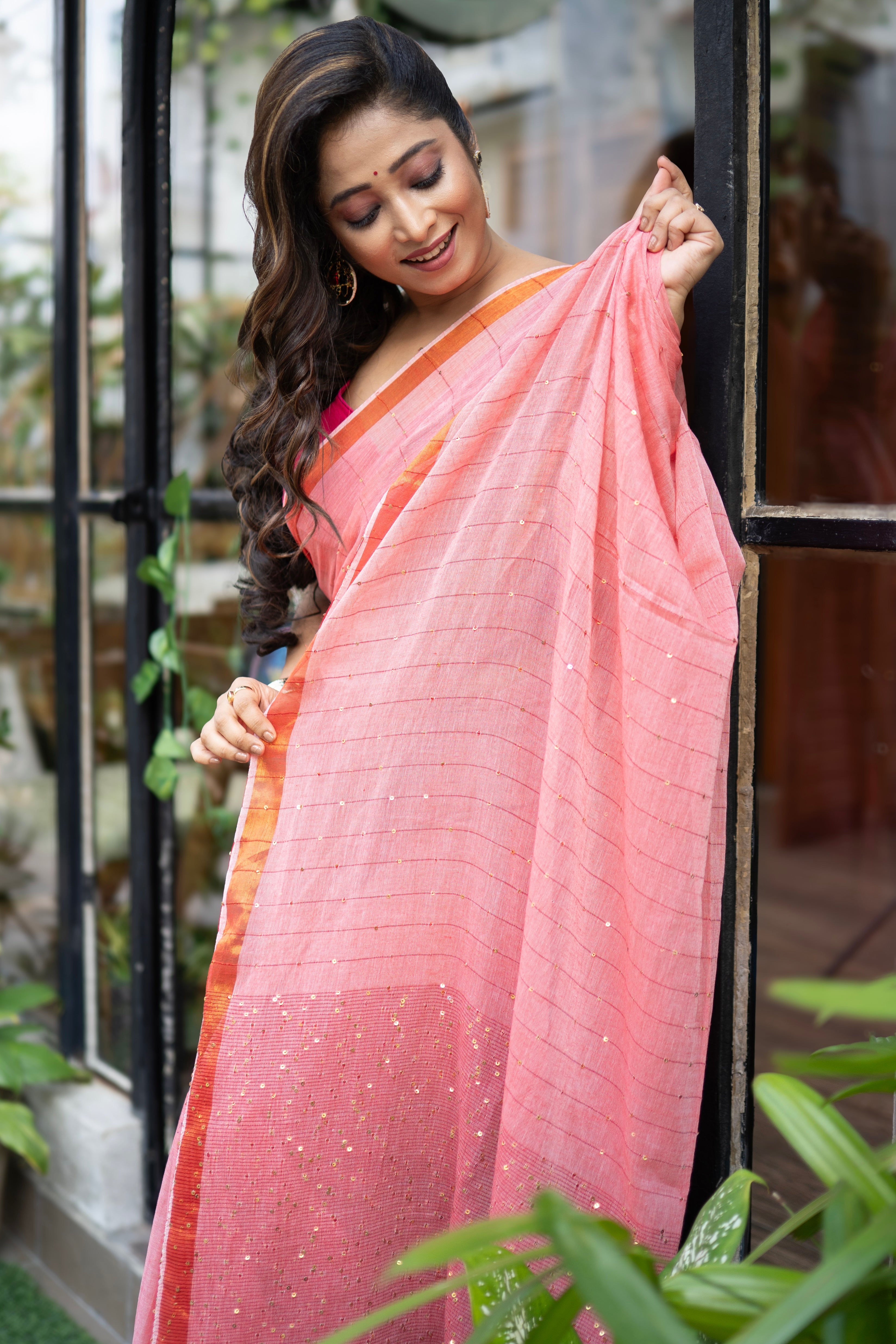 Salmon Pink Mohini sequence work Mulmul Cotton Saree with blouse piece