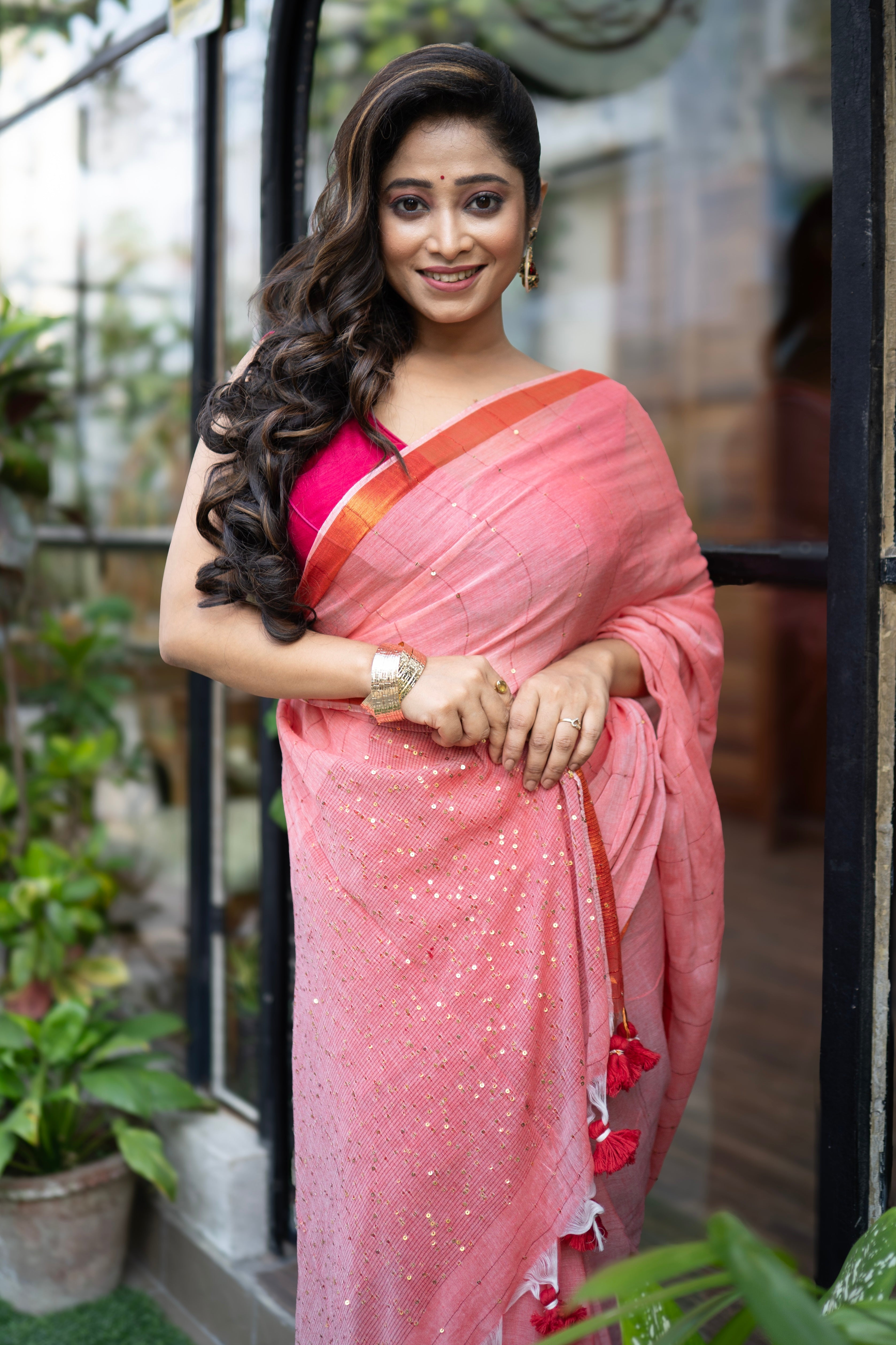 Salmon Pink Mohini sequence work Mulmul Cotton Saree with blouse piece