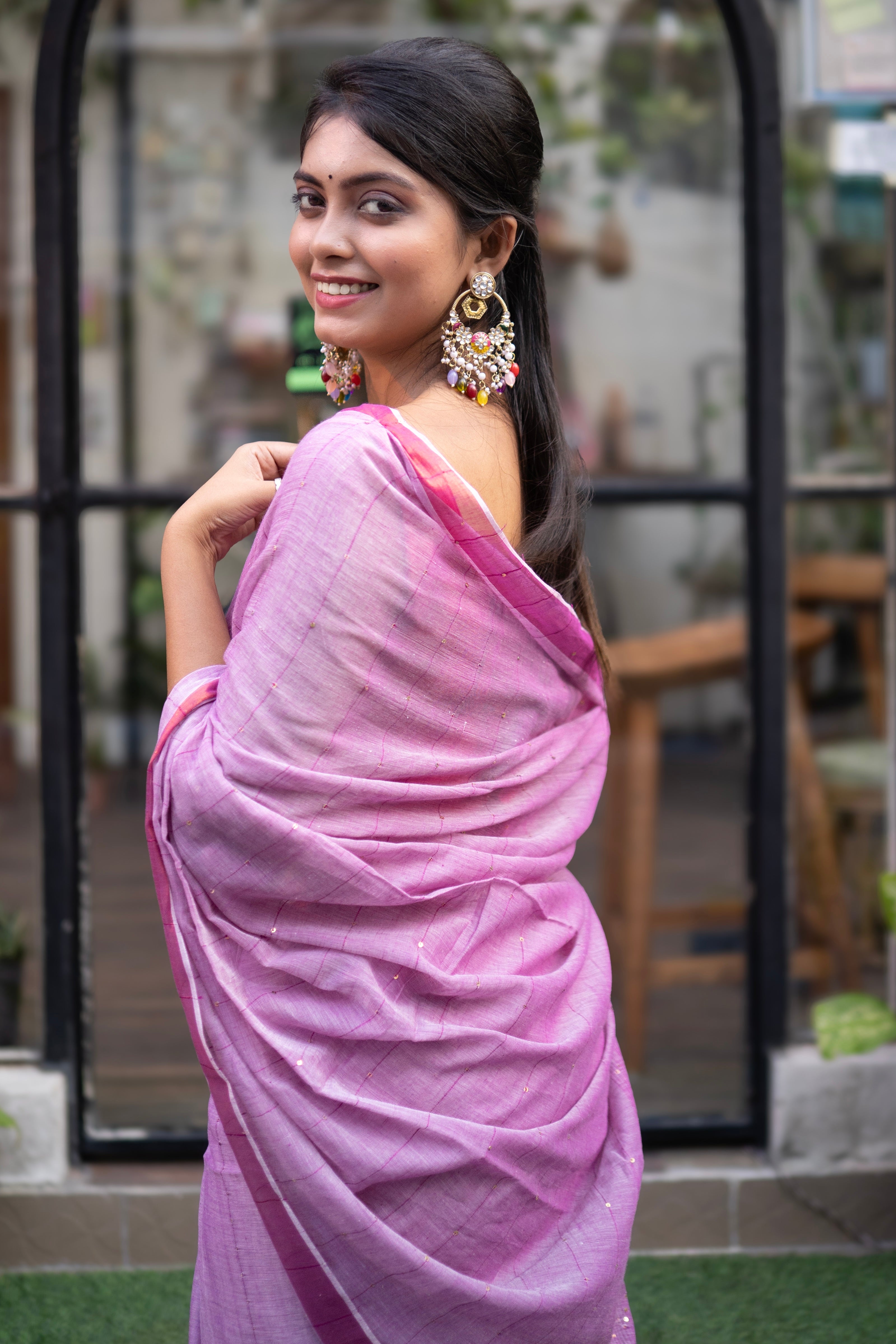 Taffy pink Mohini sequence work Mulmul Cotton Saree