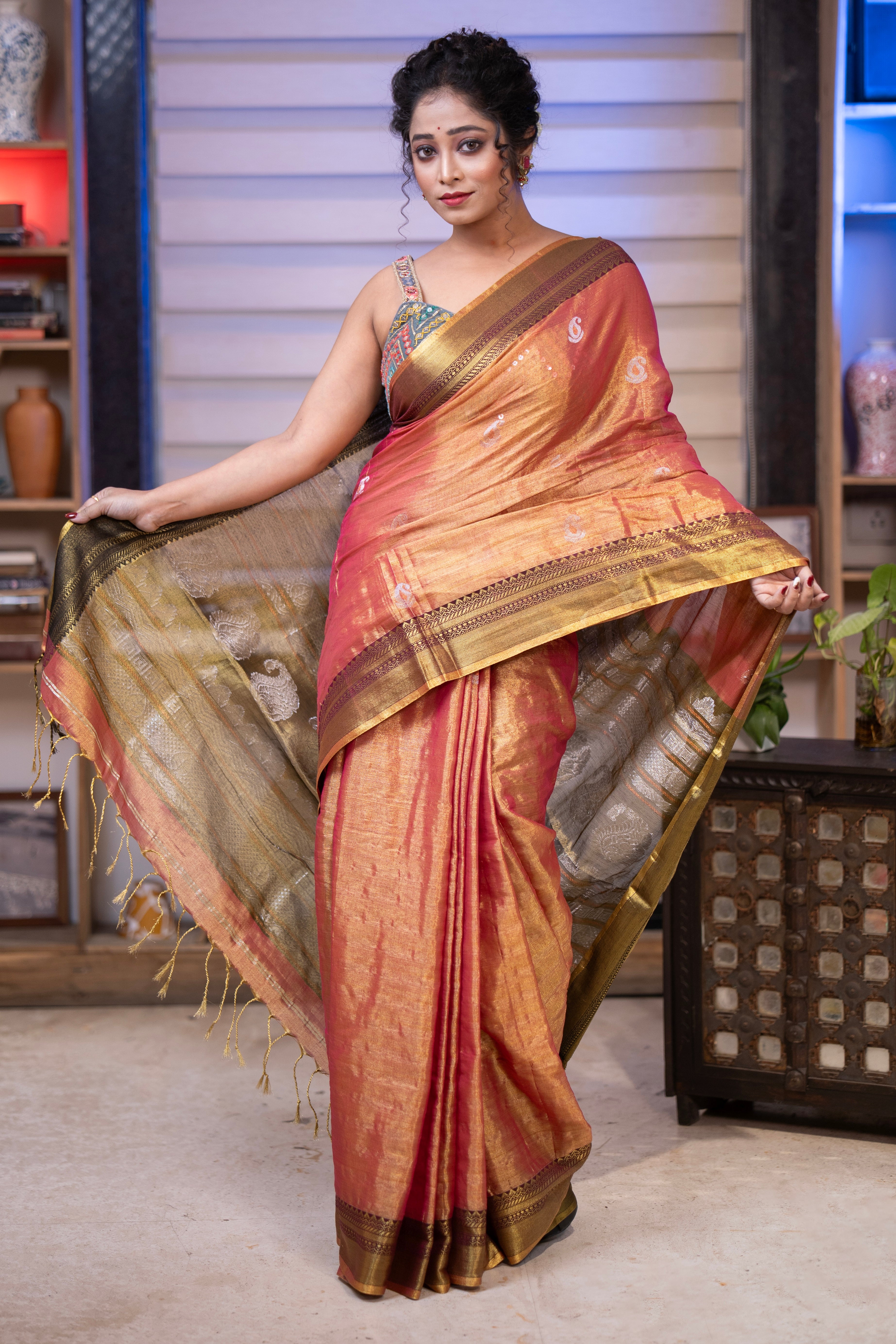 Metallic Orange Pure Tissue Linen Hand Woven Jamdani Saree