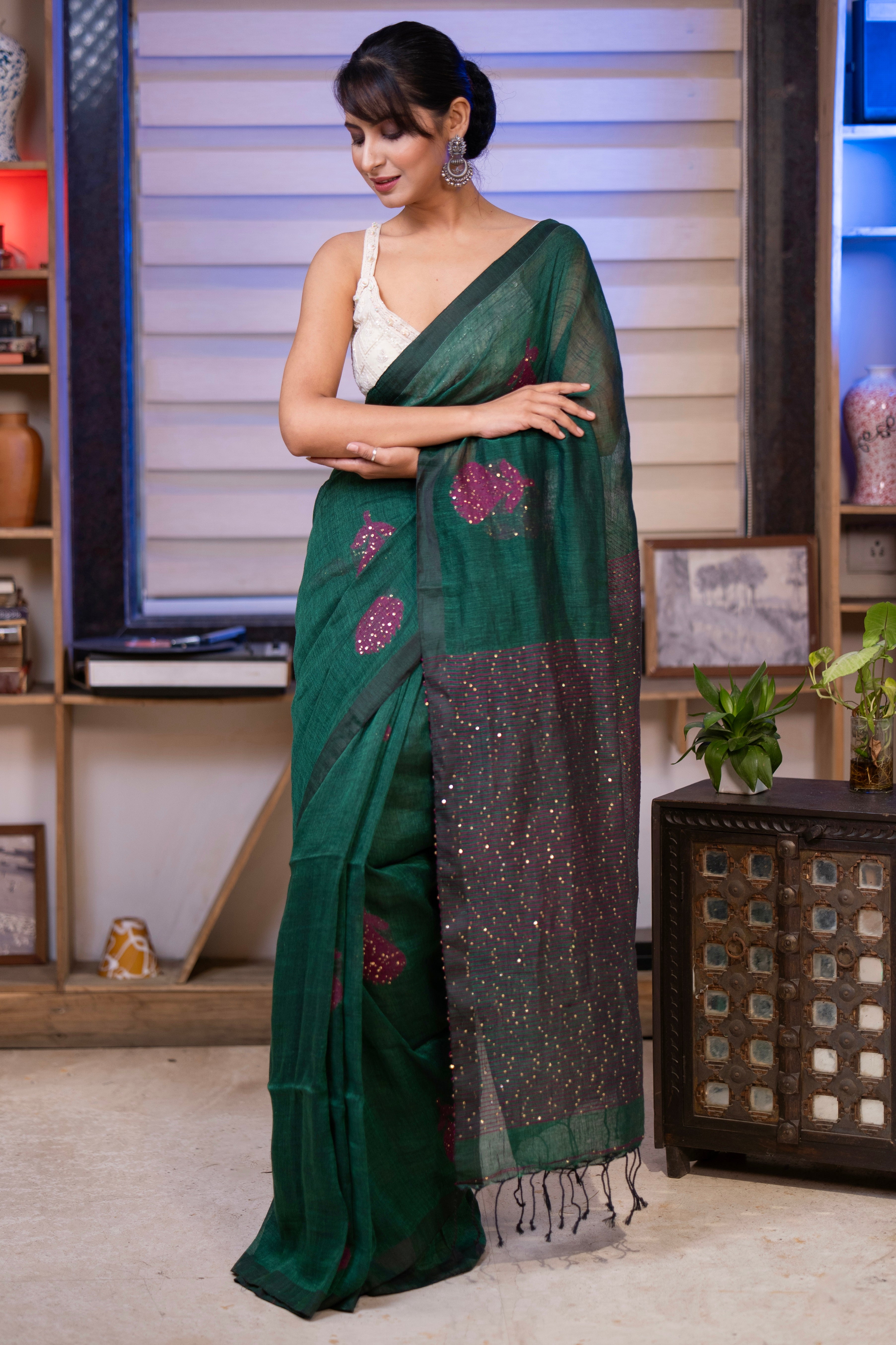 Dark Green Rose Handwoven Linen Saree with Sequence Work