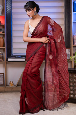 Maroon sequence work rose motif Handwoven Linen Saree with blouse piece