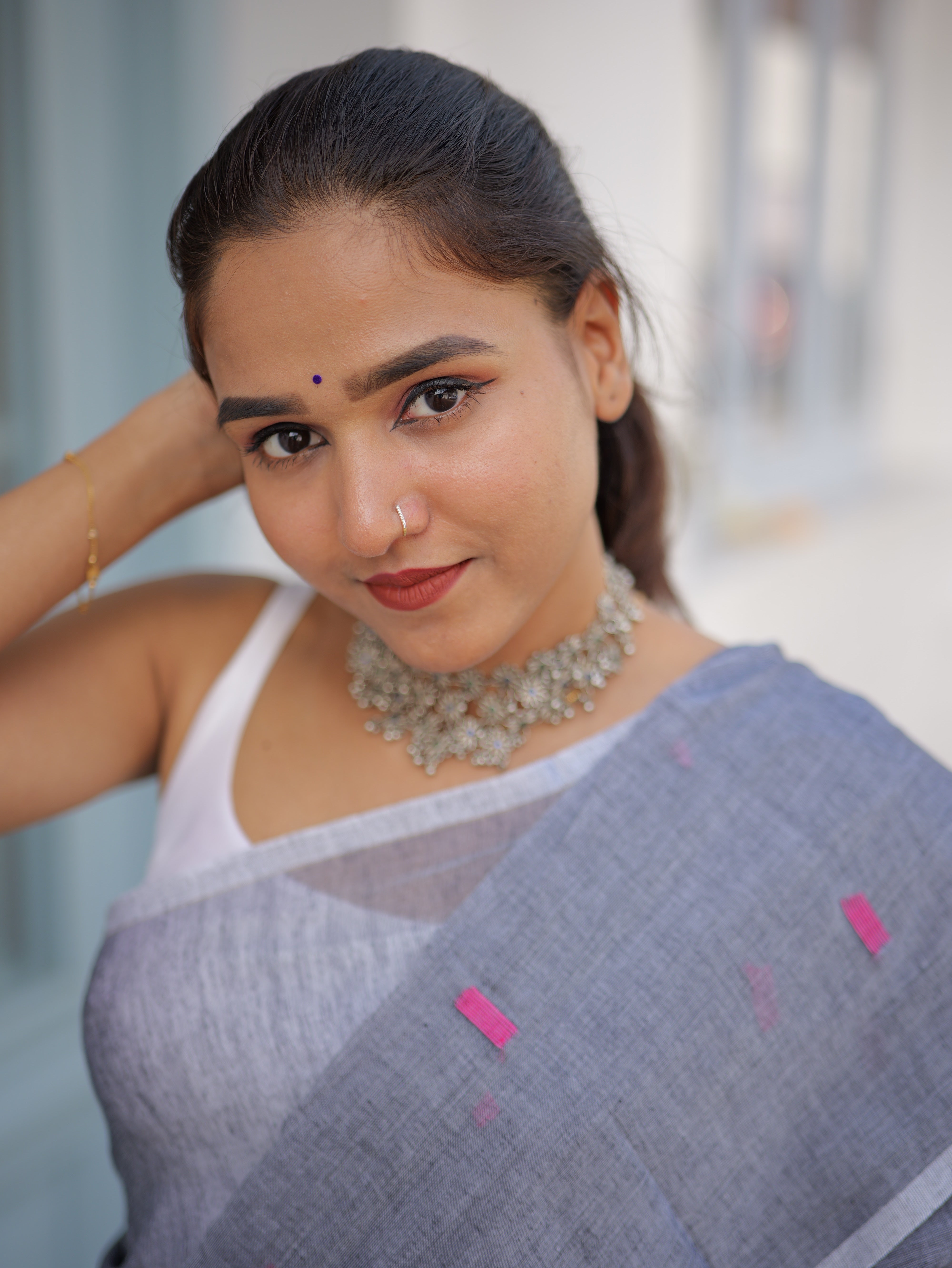 Dark Grey Hand Weaving Mul Mul Cotton Saree