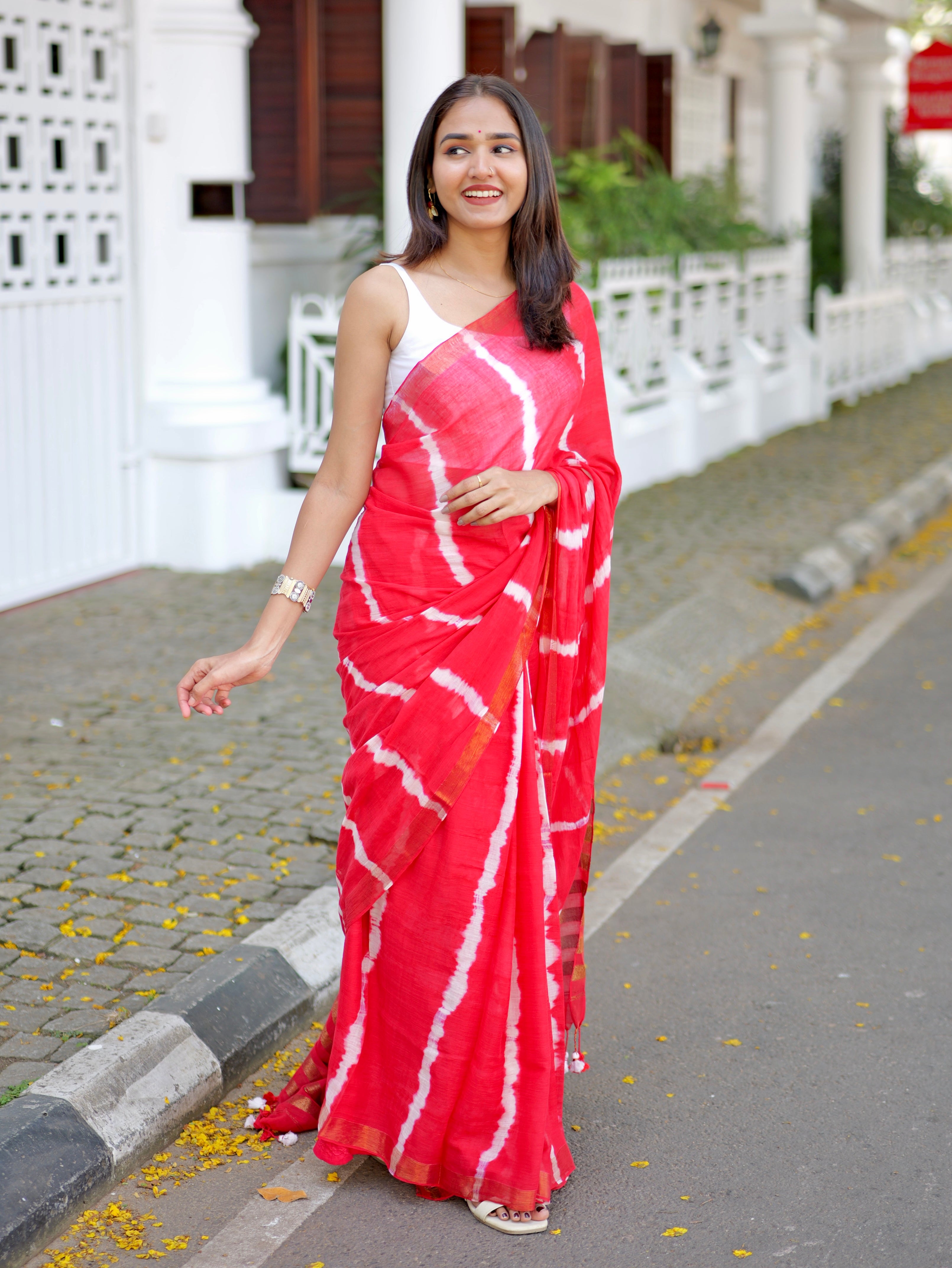 Red Shibori Print Mul Mul Cotton Saree