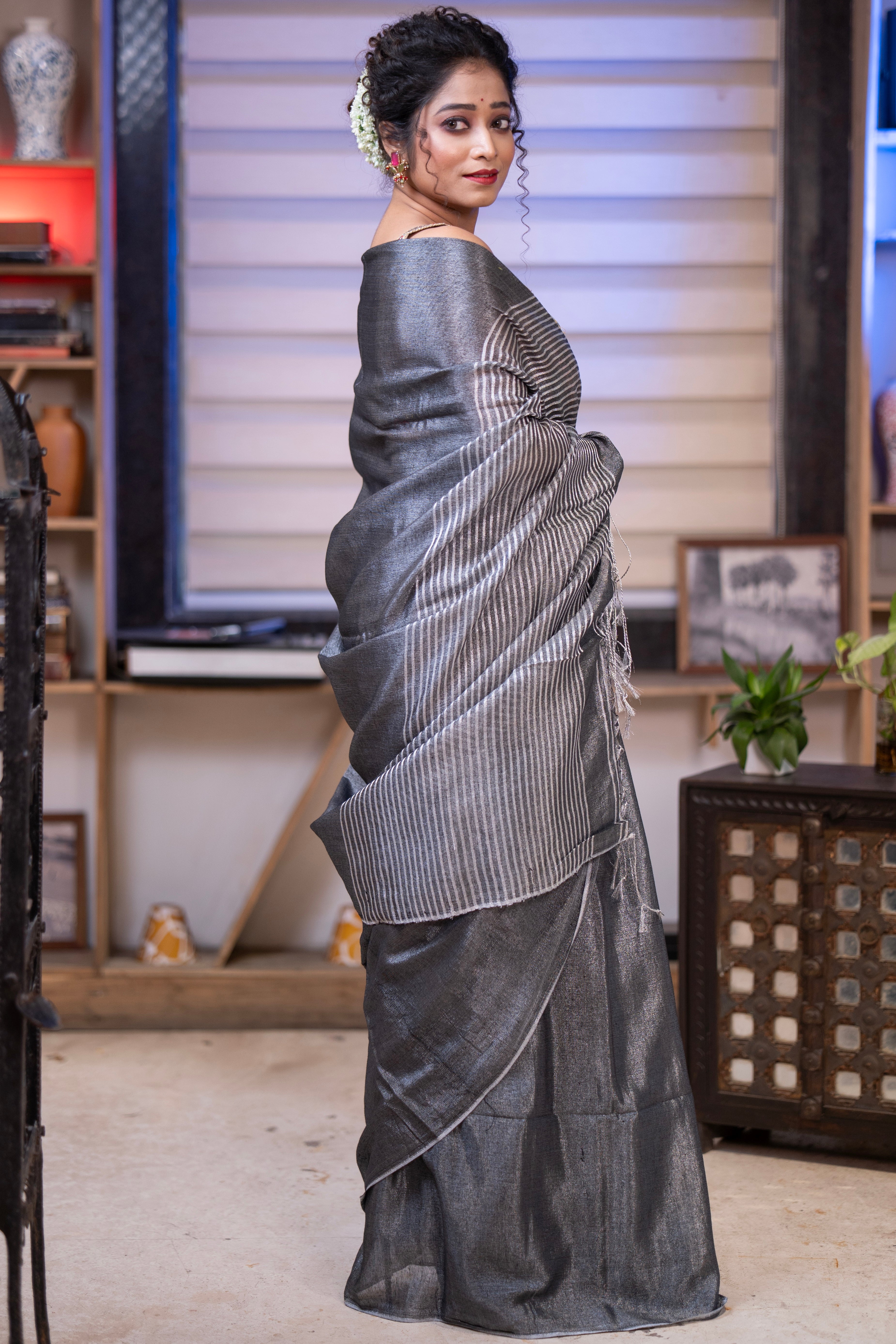 Lava Grey Dual Tone Pure Tissue Linen Saree