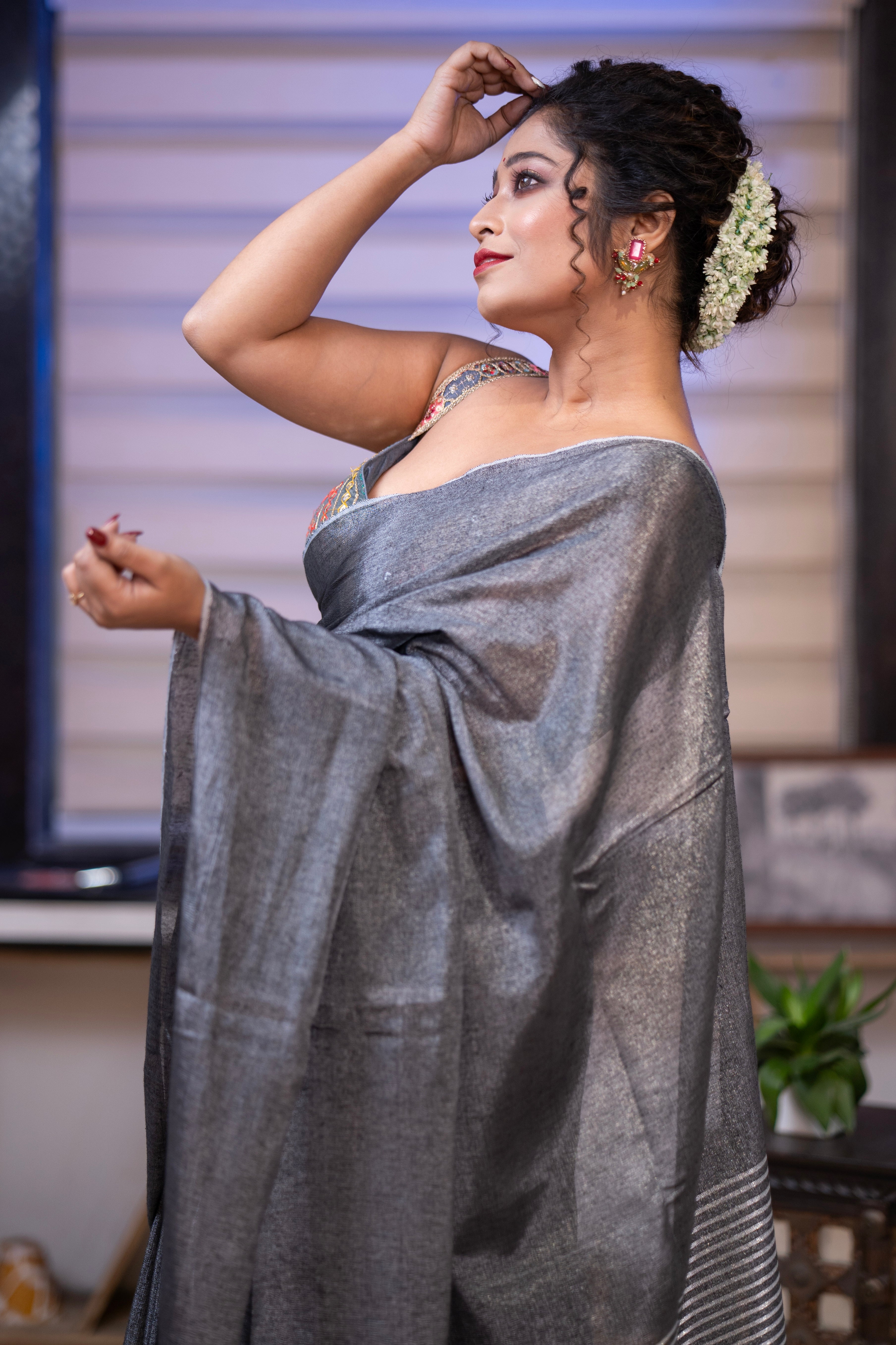 Lava Grey Dual Tone Pure Tissue Linen Saree