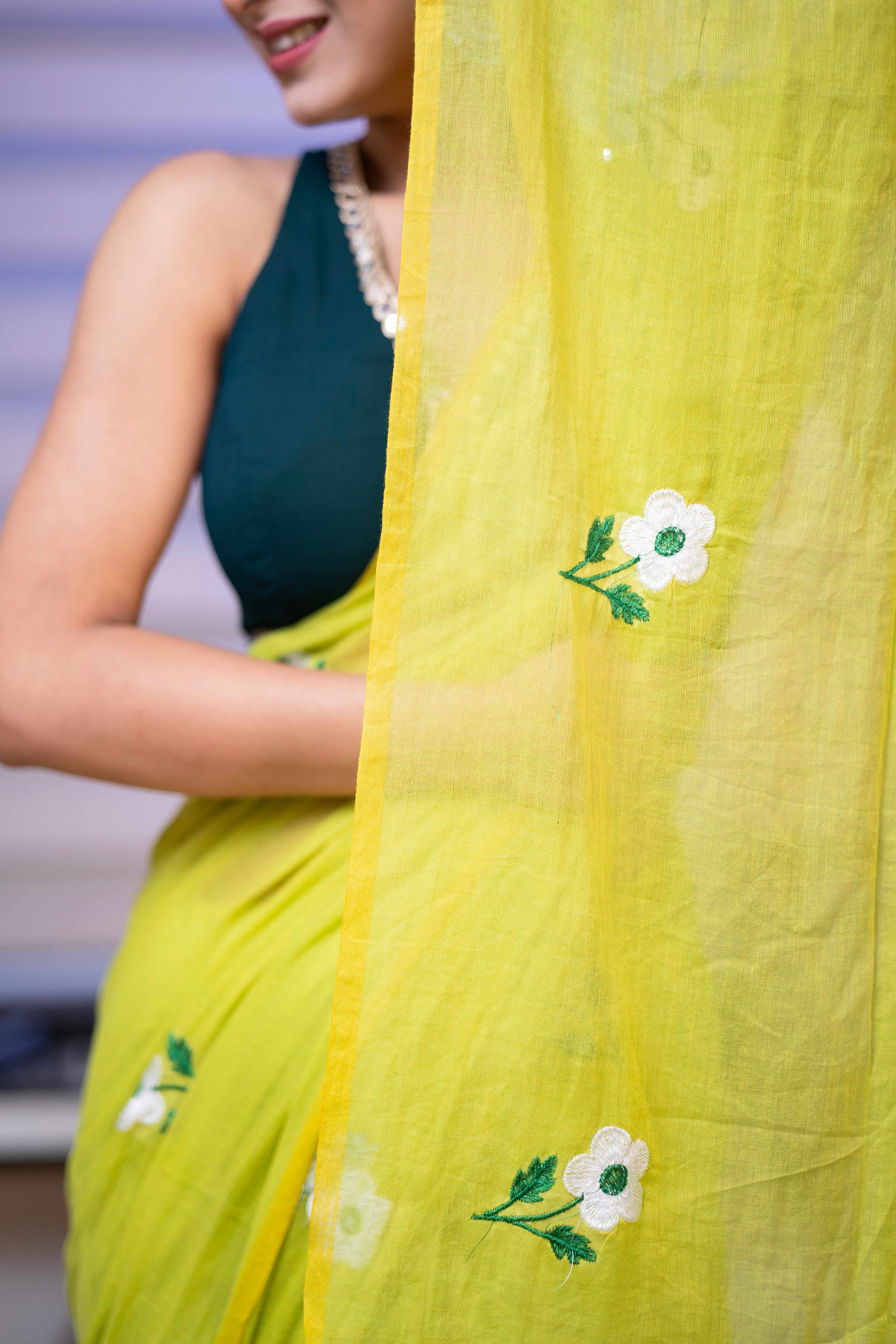 Lime green flowers all over embroidery mul cotton saree