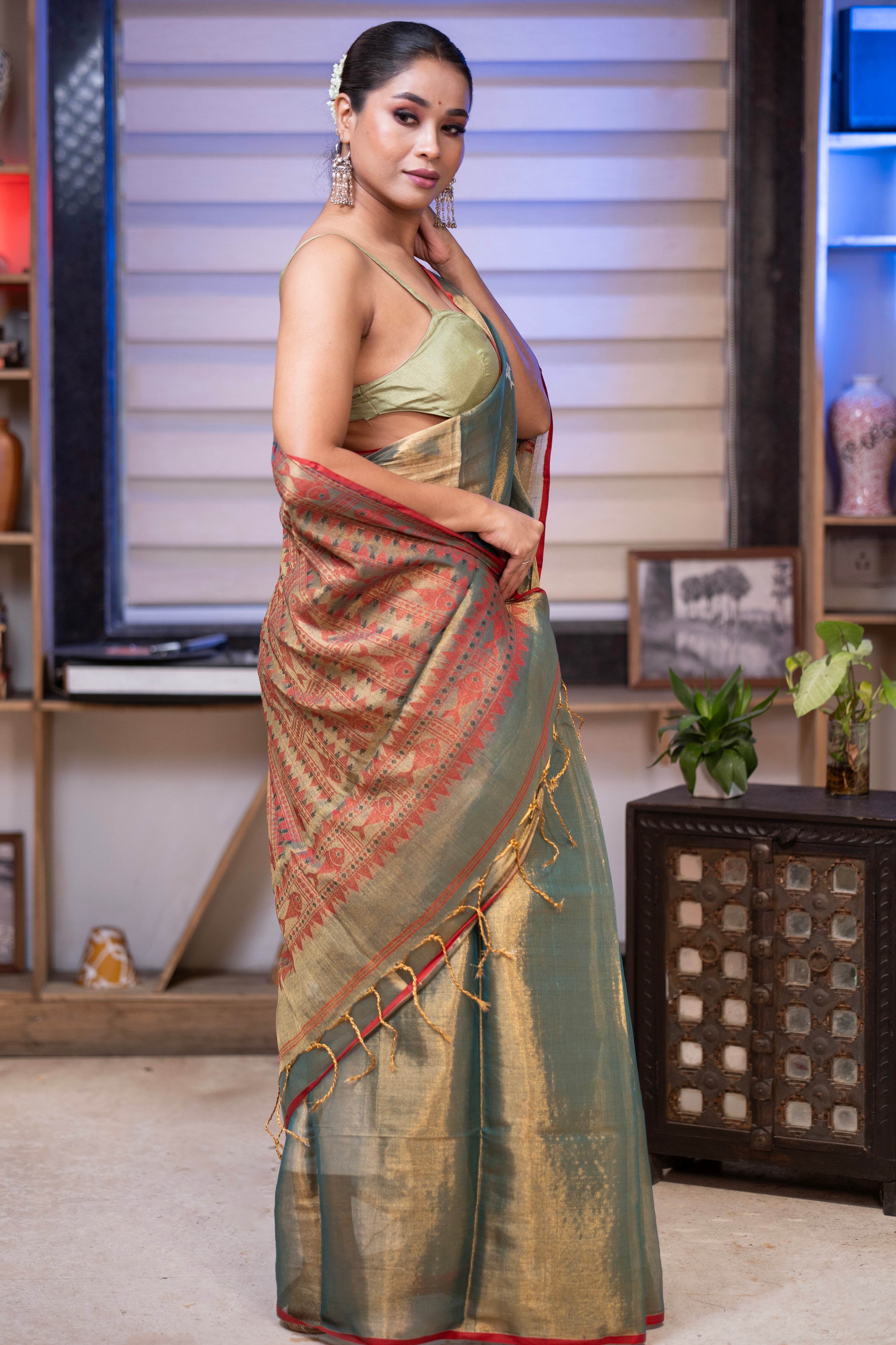 Metallic Persian green Tissue Linen Handwoven Saree