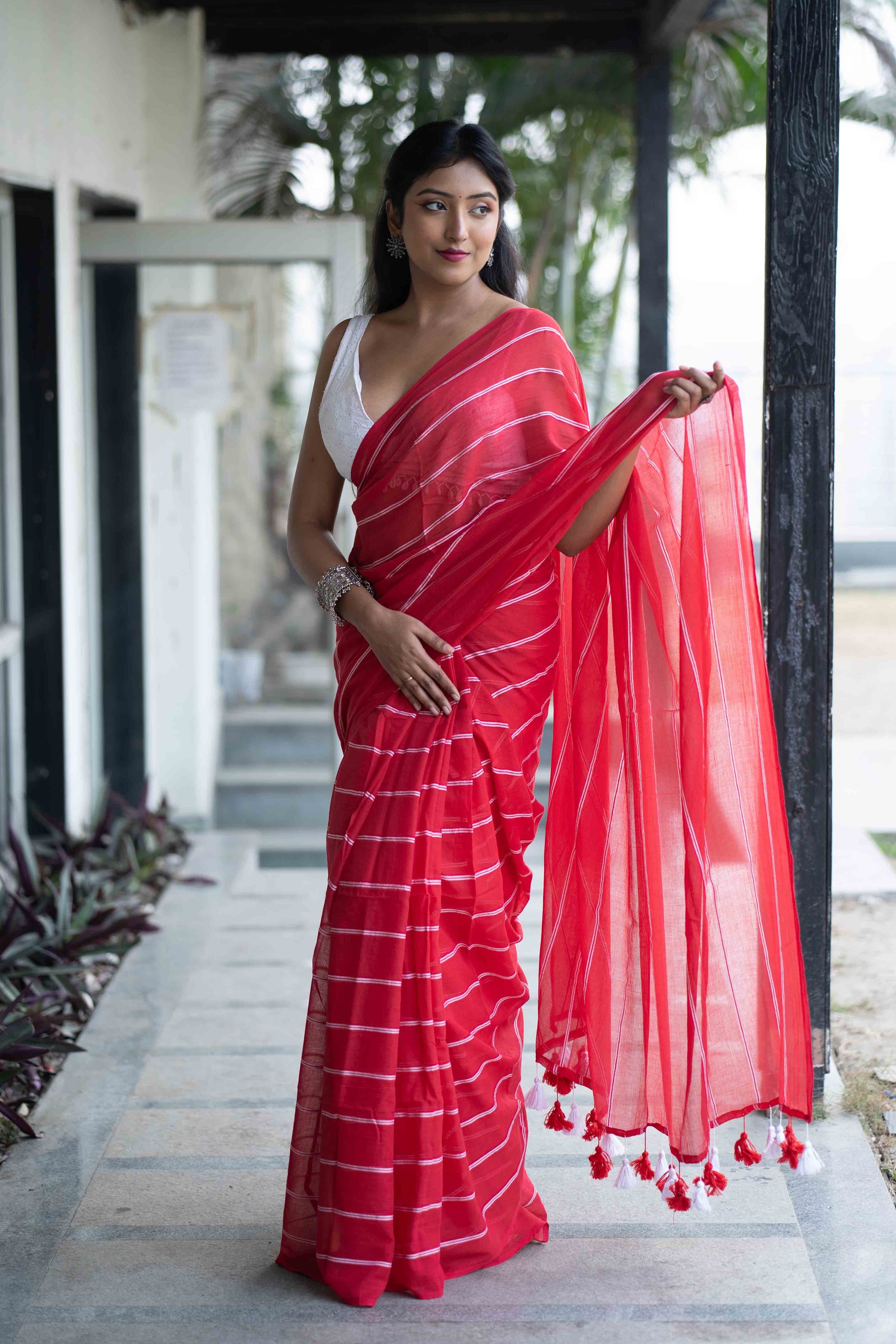 Red Mulmul Cotton Check Saree with White Stripes