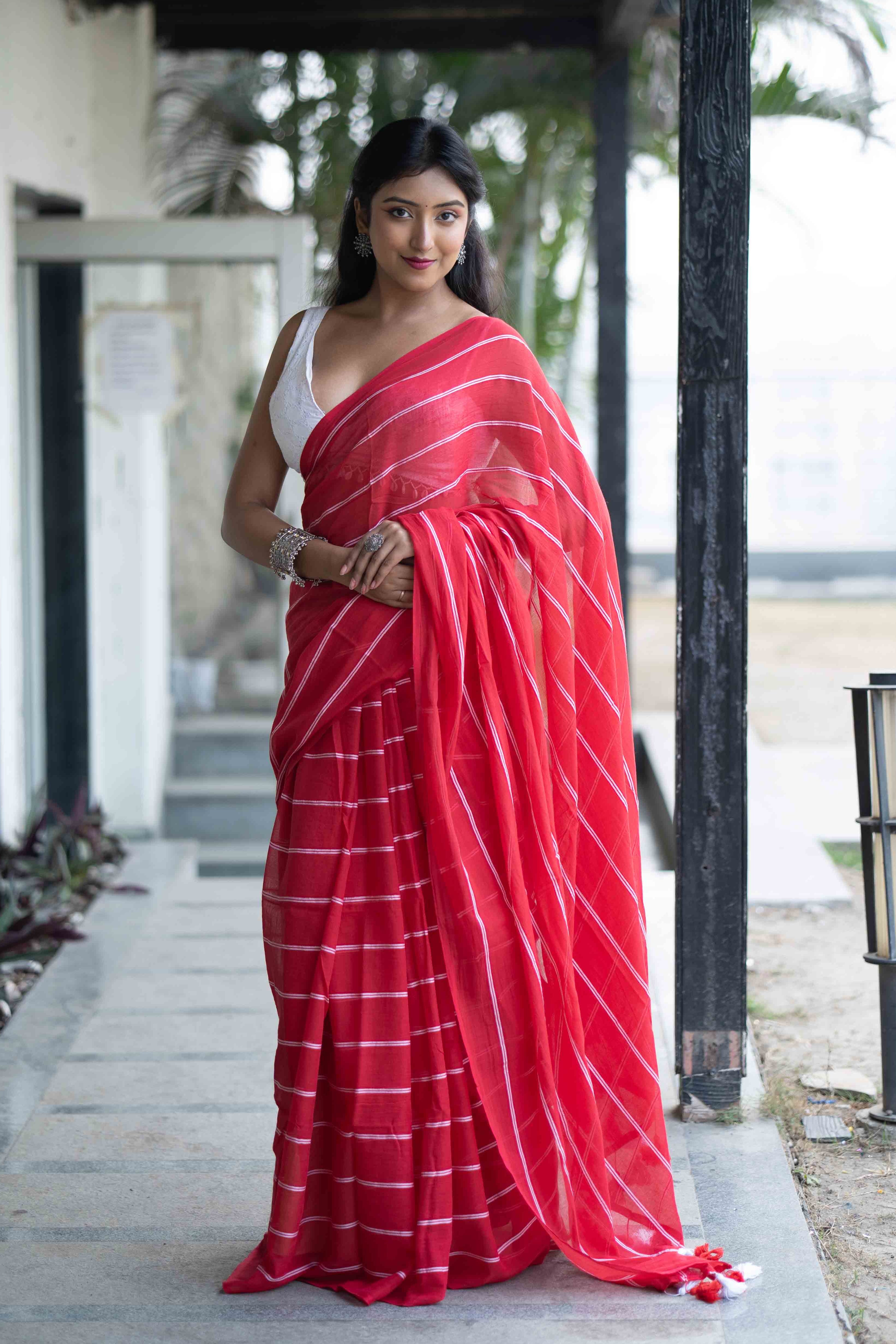 Red Mulmul Cotton Check Saree with White Stripes