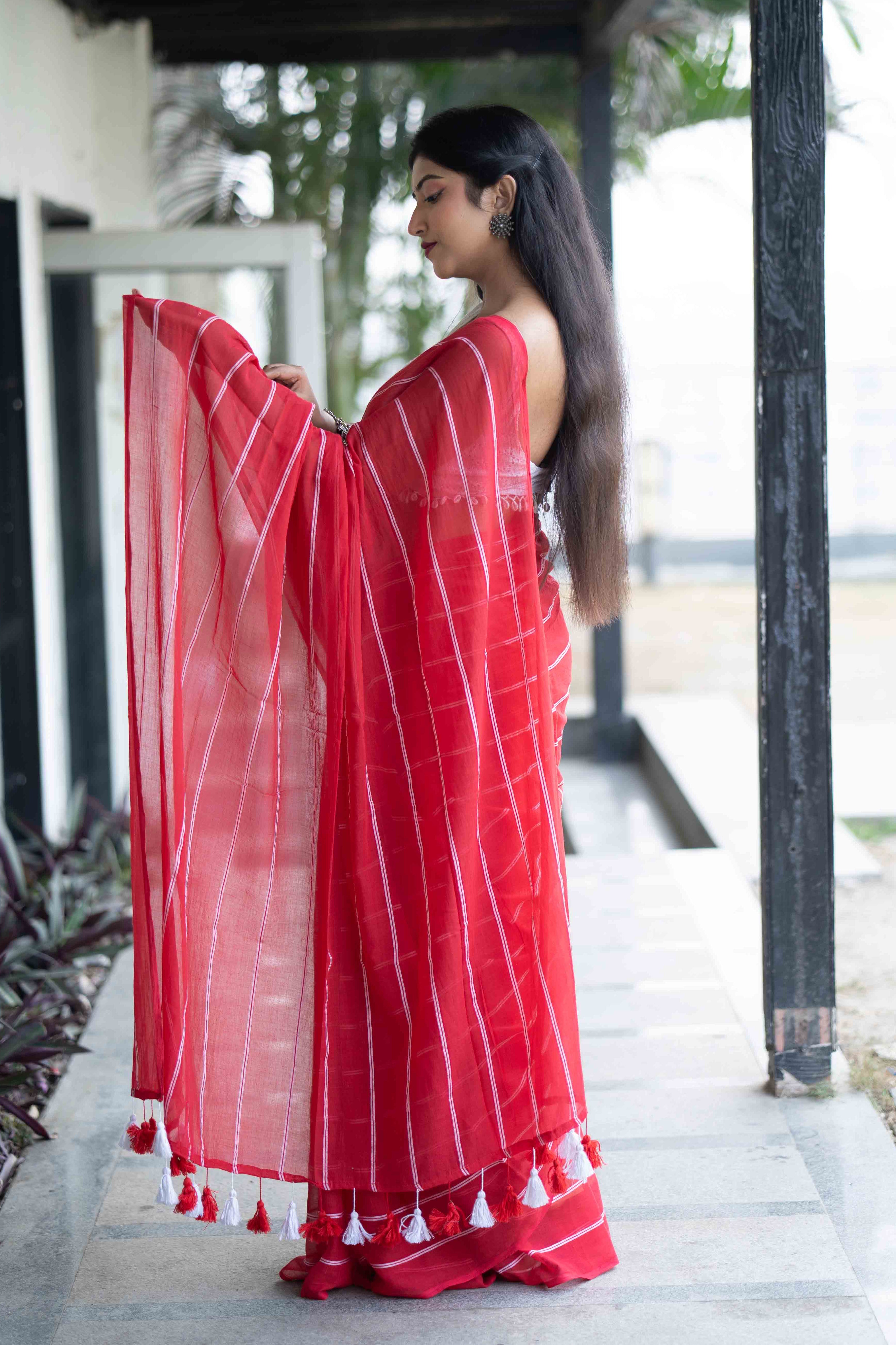Red Mulmul Cotton Check Saree with White Stripes
