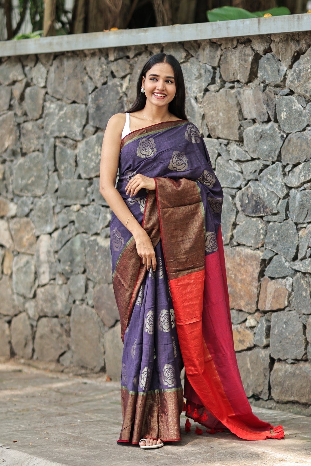 RED AND LAVENDER COTTON ACRYLIC SAREE with FLORAL ZARI