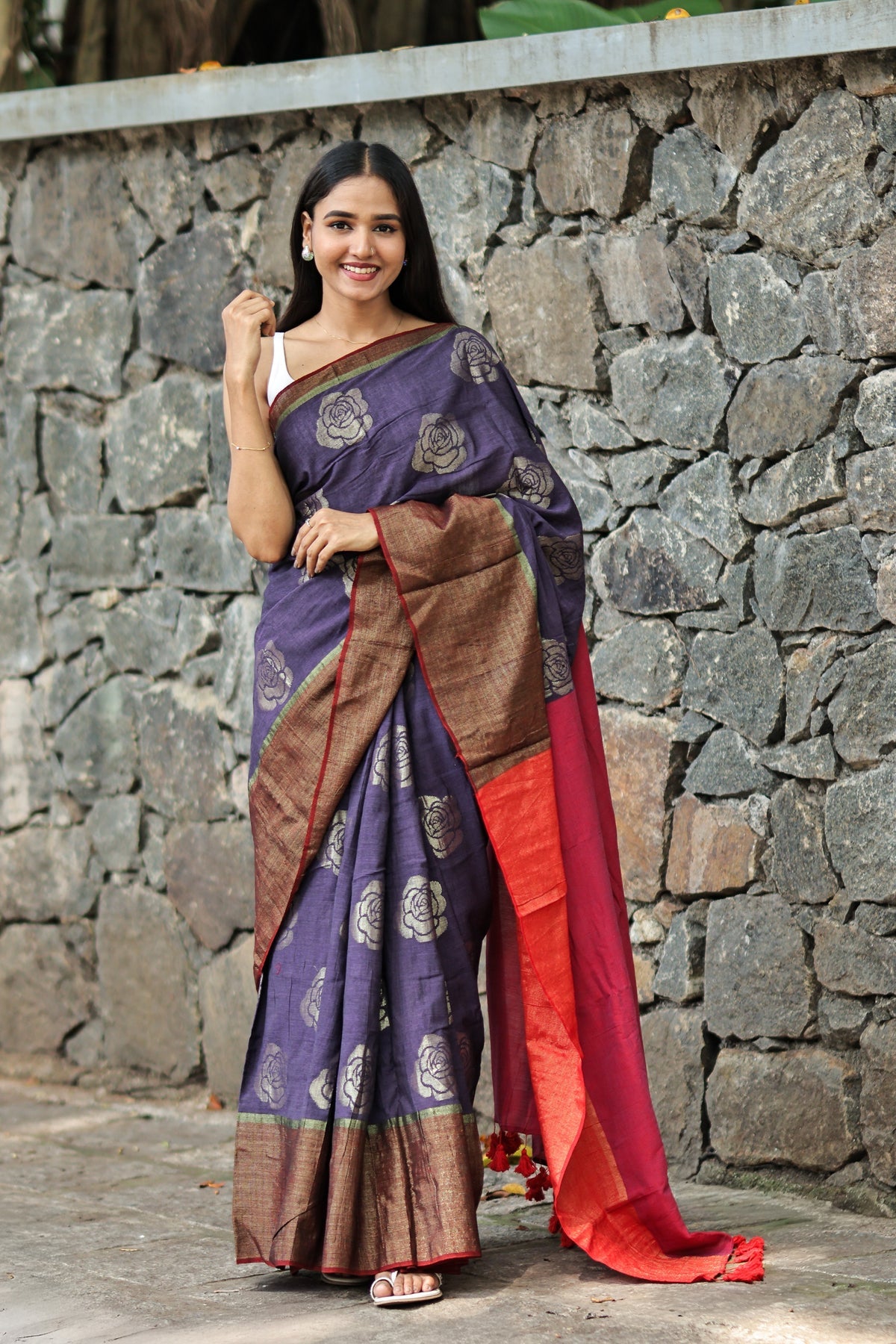 RED AND LAVENDER COTTON ACRYLIC SAREE with FLORAL ZARI
