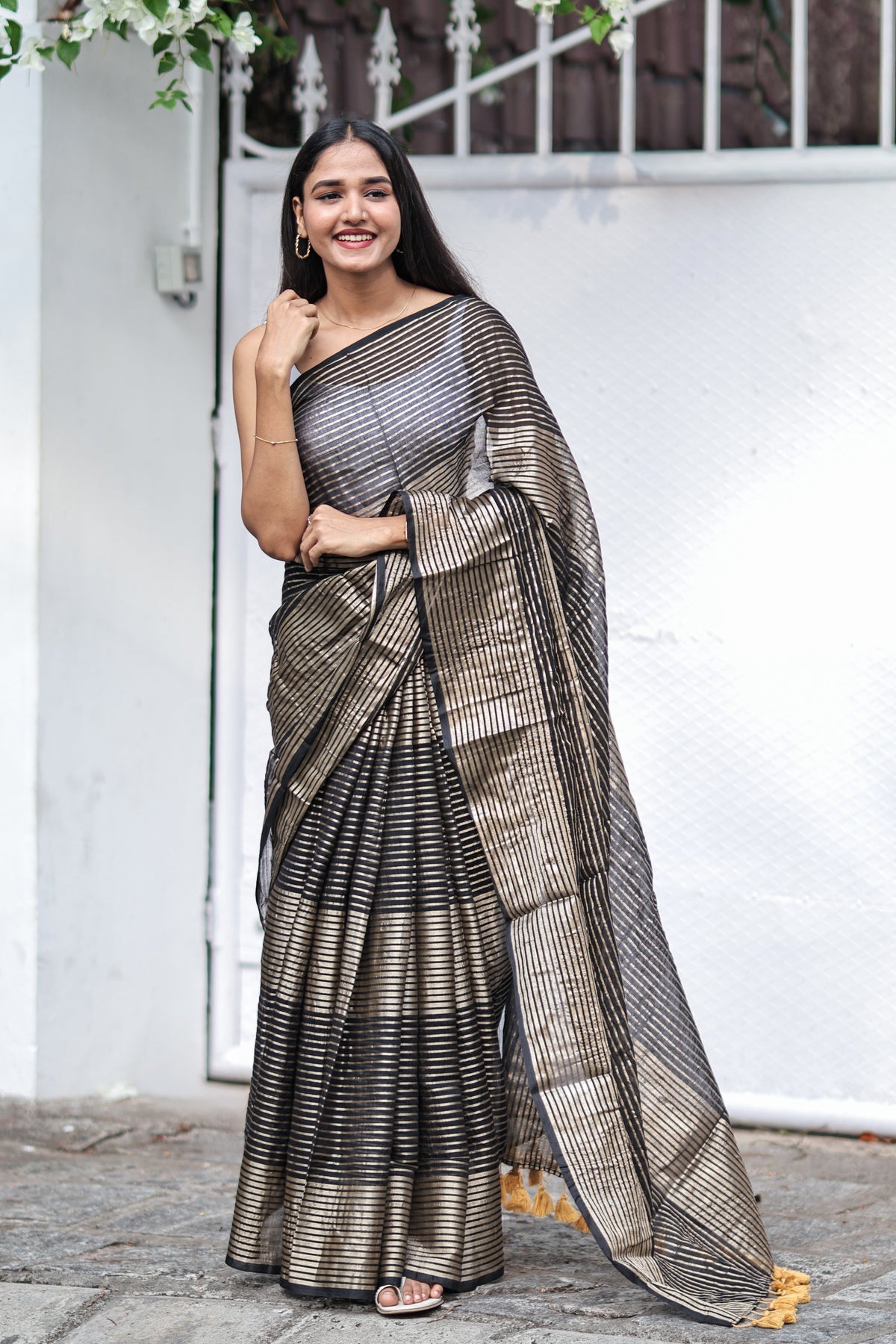 Black Mulmul Cotton Saree with Pale Gold Zari Checks