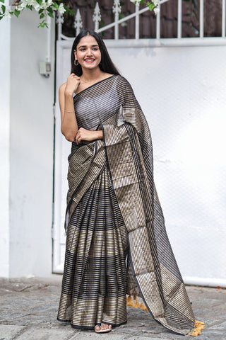 Black Mulmul Cotton Saree with Pale Gold Zari Checks