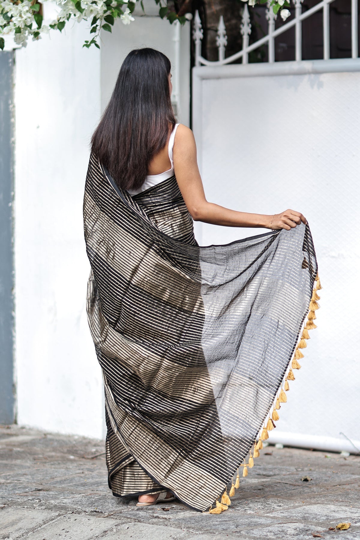 Black Mulmul Cotton Saree with Pale Gold Zari Checks
