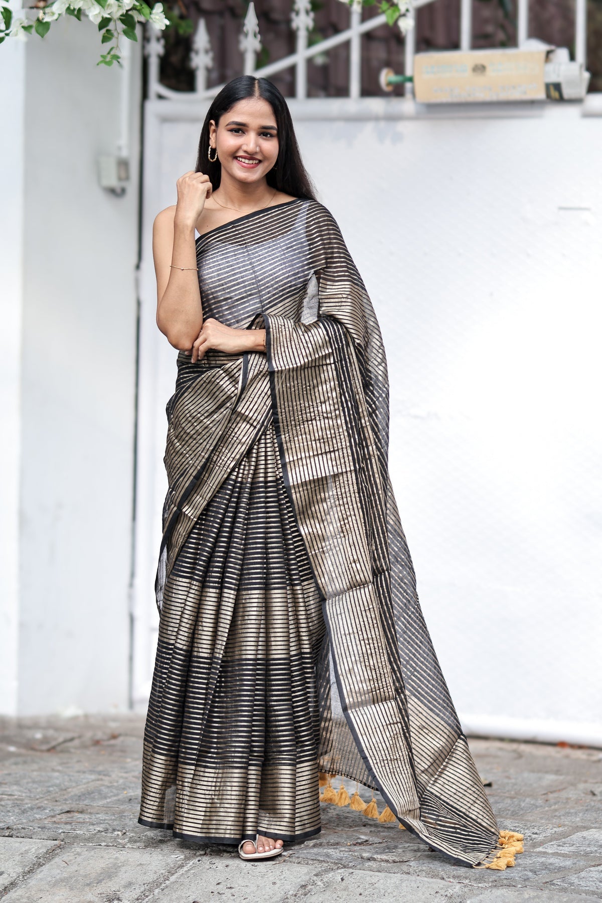 Black Mulmul Cotton Saree with Pale Gold Zari Checks