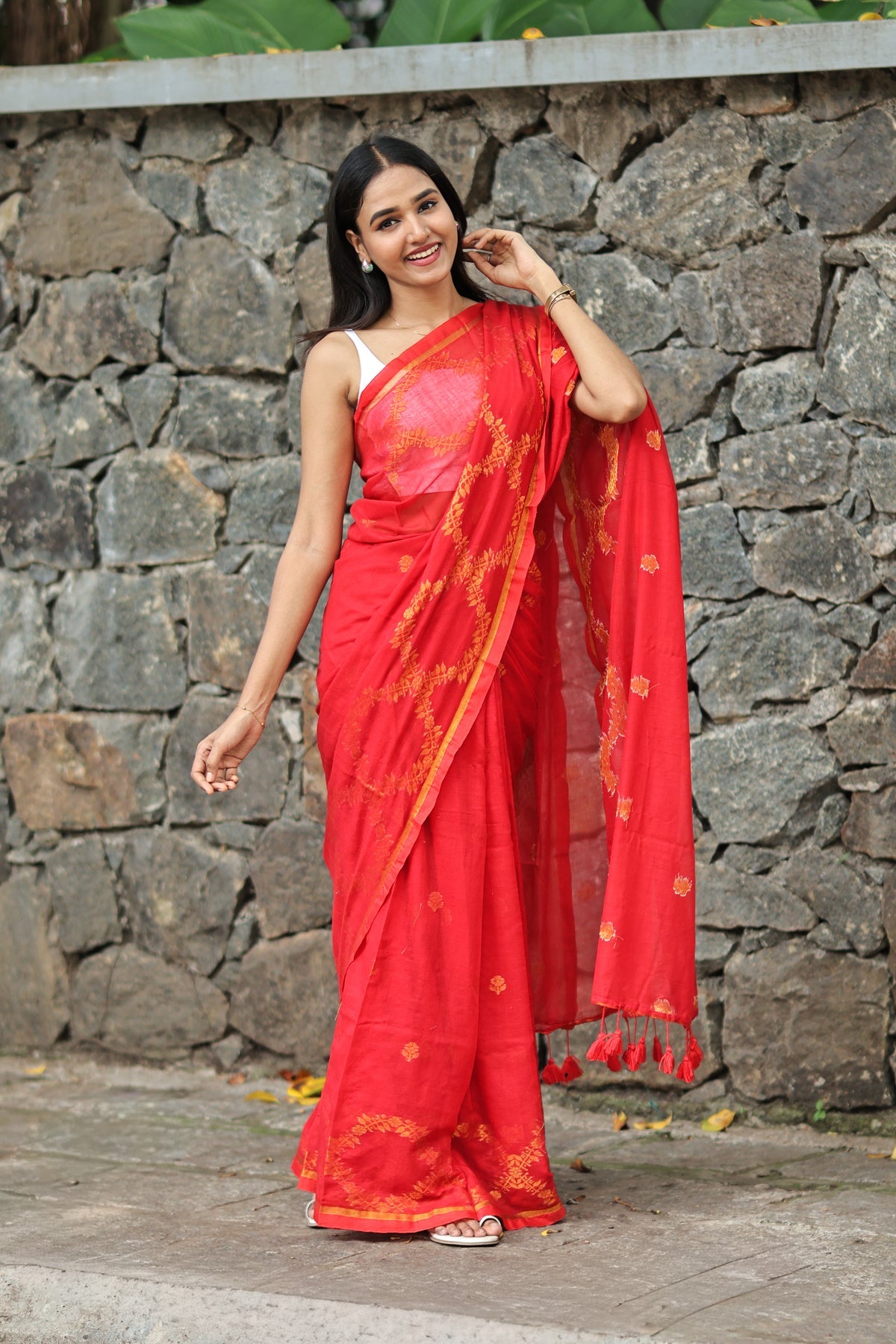 Red Mulmul Cotton Saree with All-Over Gold Thread Work