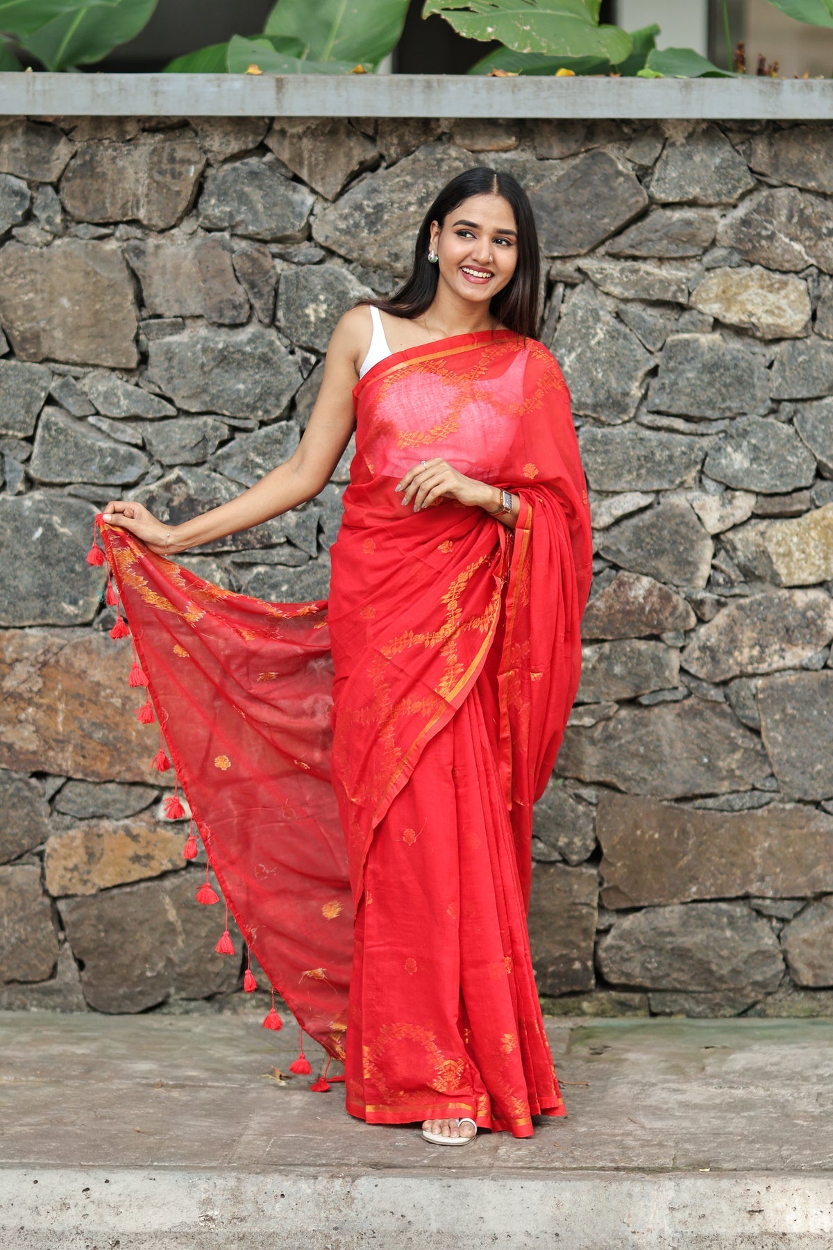 Red Mulmul Cotton Saree with All-Over Gold Thread Work