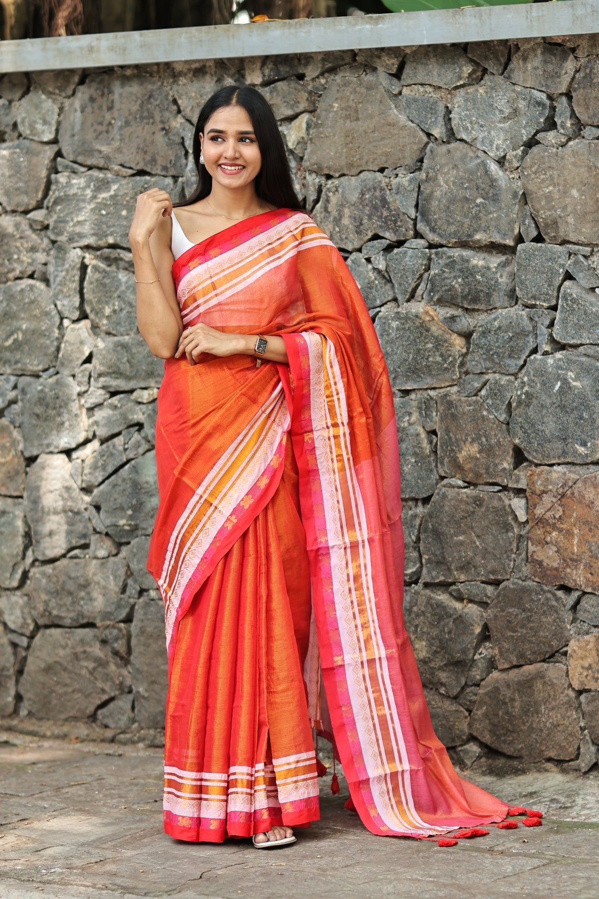 Orange & Pink Golden Dual Tone Tissue Mulmul Cotton Saree