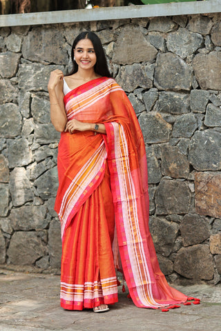Orange & Pink Golden Dual Tone Tissue Mulmul Cotton Saree