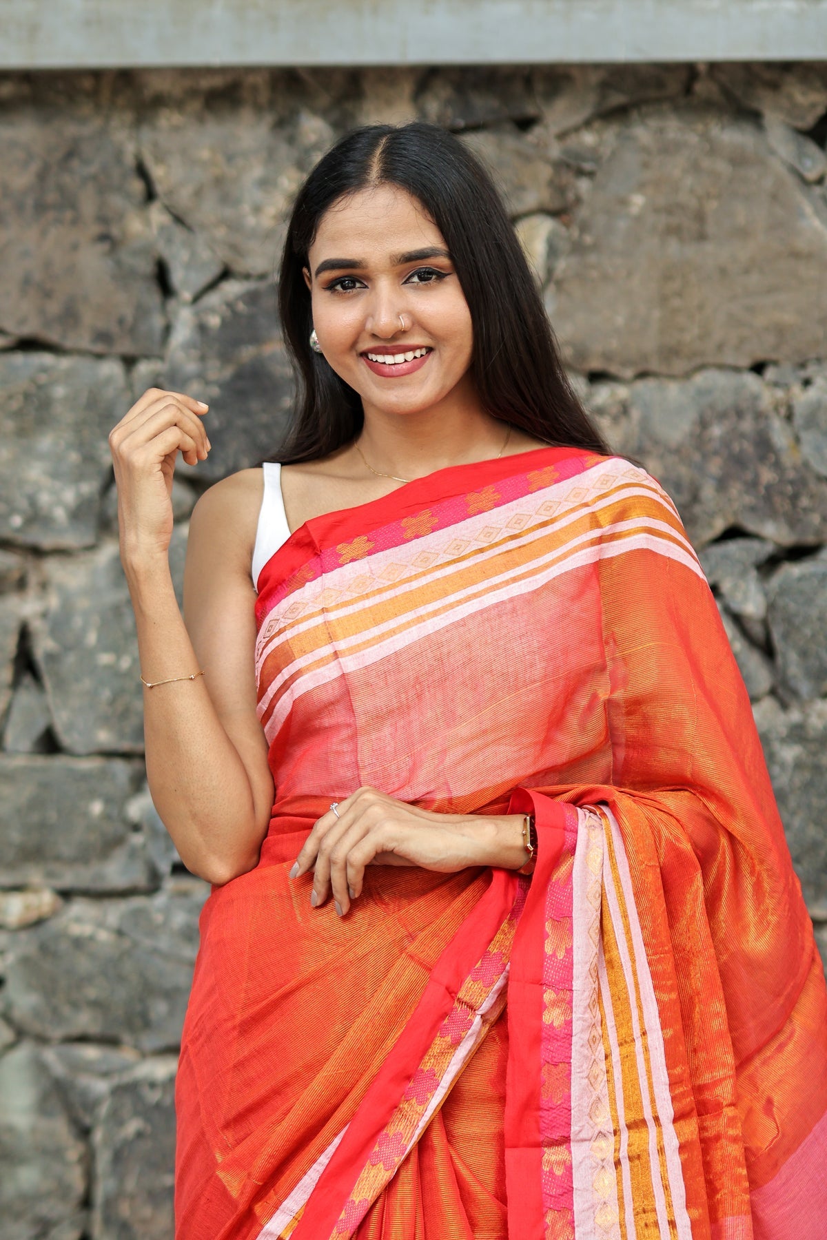Orange & Pink Golden Dual Tone Tissue Mulmul Cotton Saree