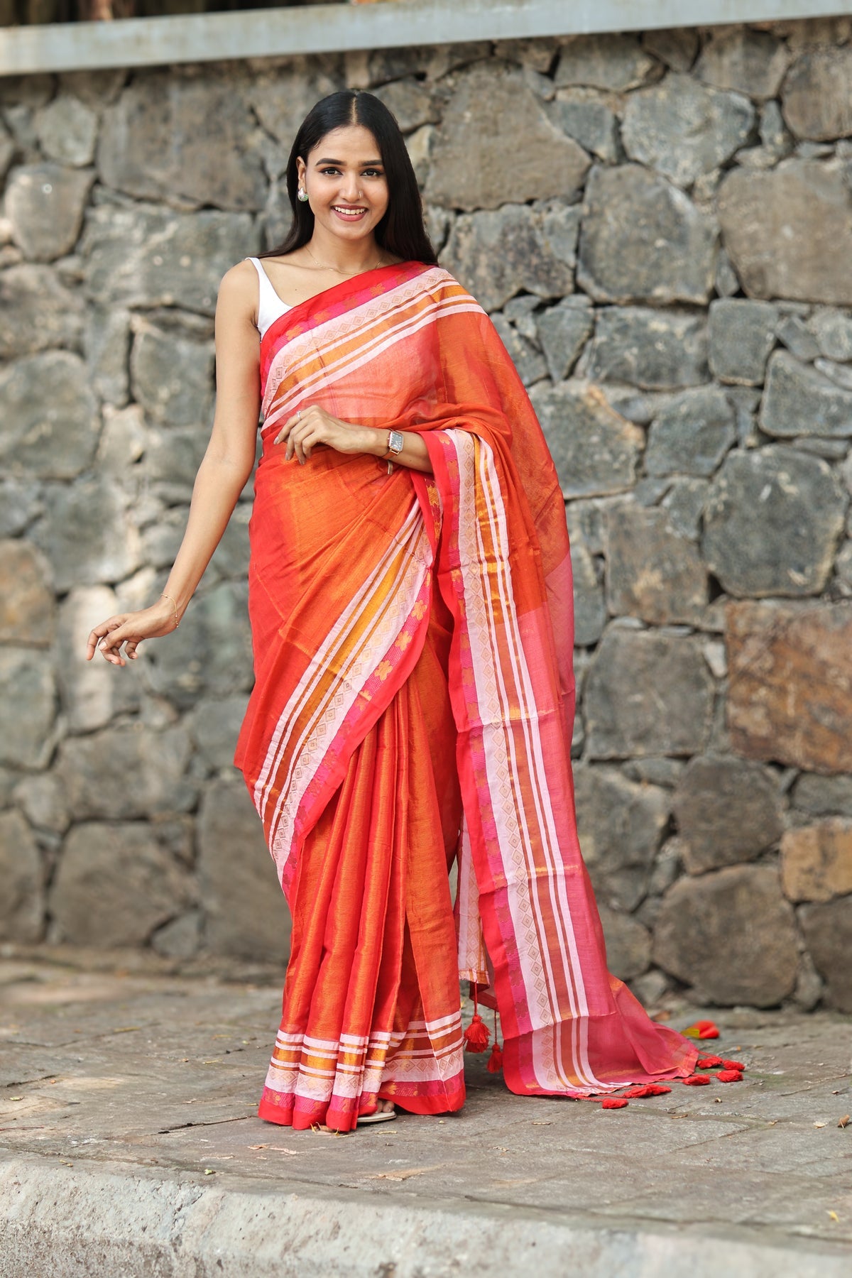 Orange & Pink Golden Dual Tone Tissue Mulmul Cotton Saree