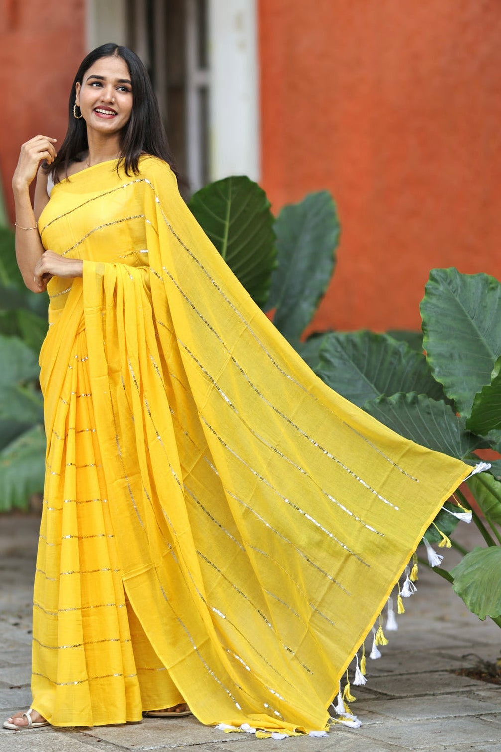 Yellow Sequence Work Pure Mulmul Cotton Saree