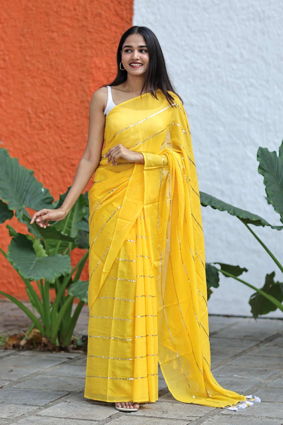 Yellow Sequence Work Pure Mulmul Cotton Saree