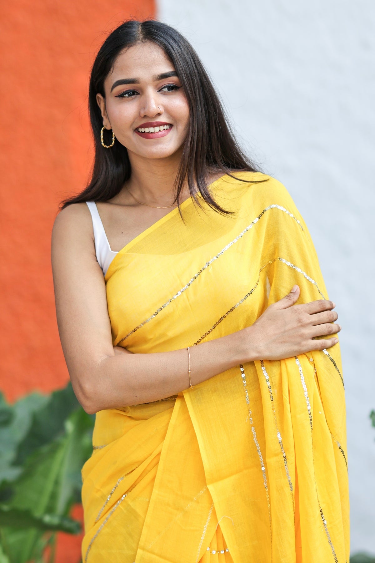 Yellow Sequence Work Pure Mulmul Cotton Saree