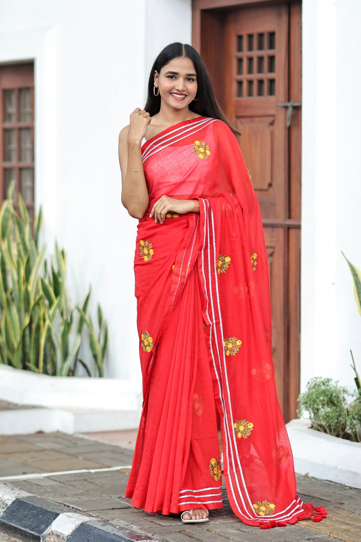 Lavanya Red Mul Mul Cotton Saree With Embroidery Work