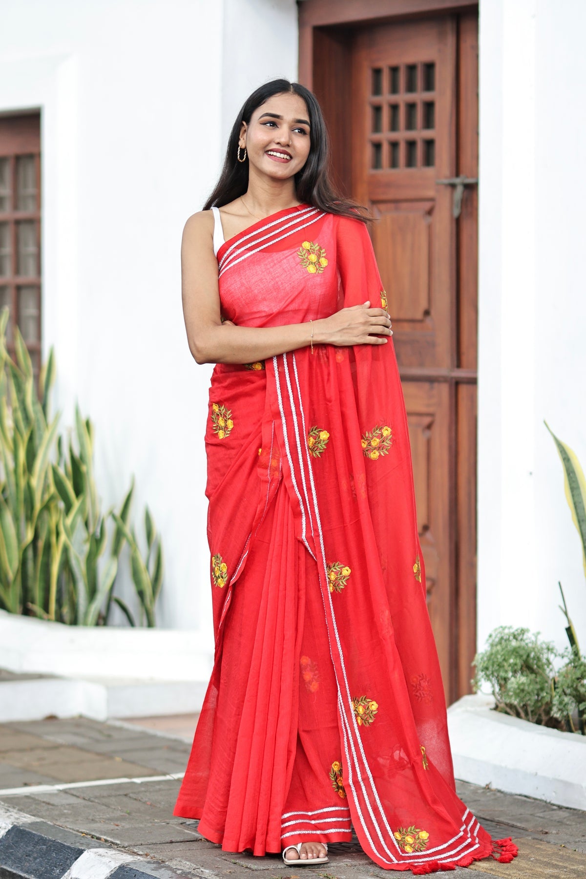 Lavanya Red Mul Mul Cotton Saree With Embroidery Work