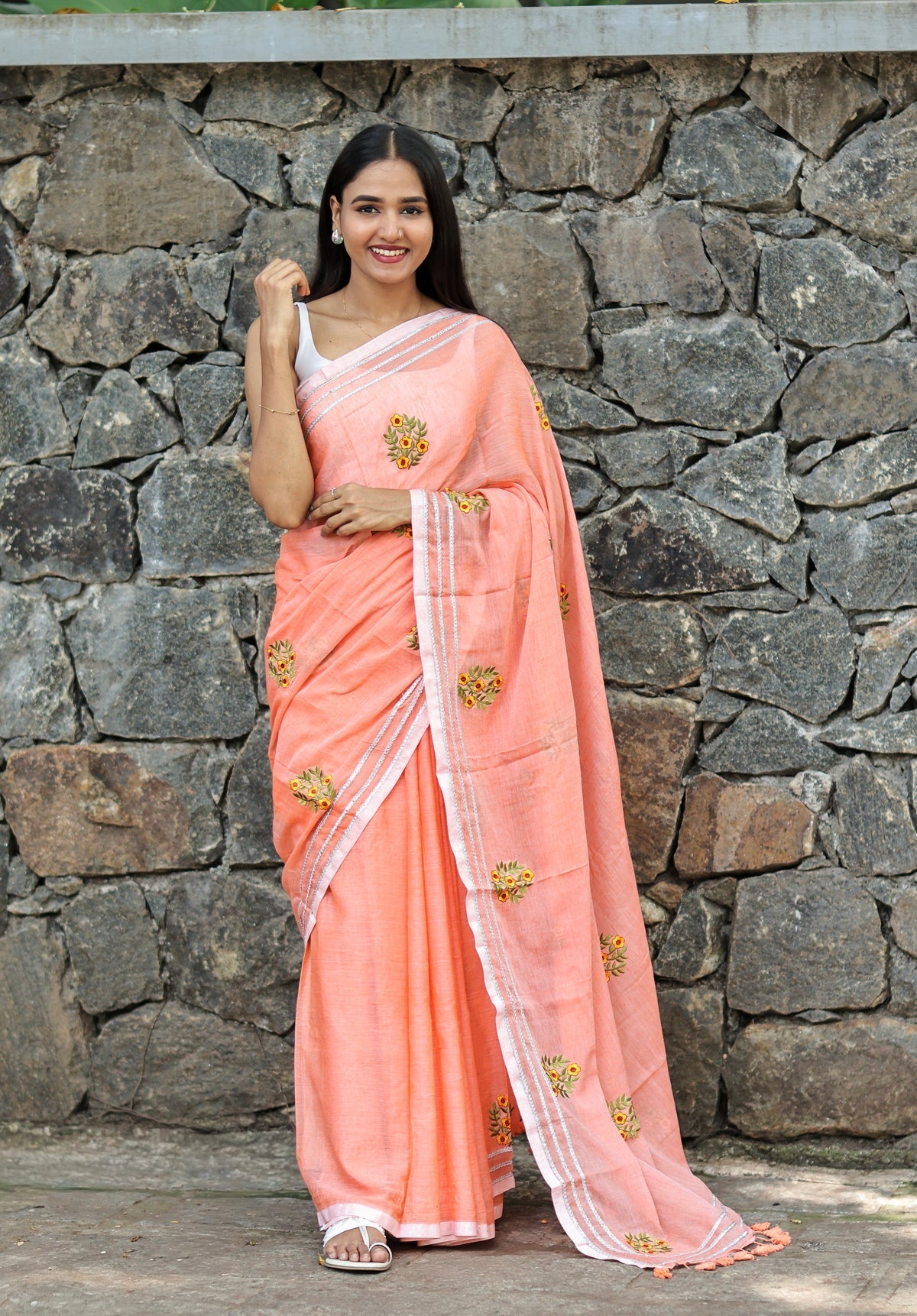 Peach Embroidered Mulmul Cotton Saree